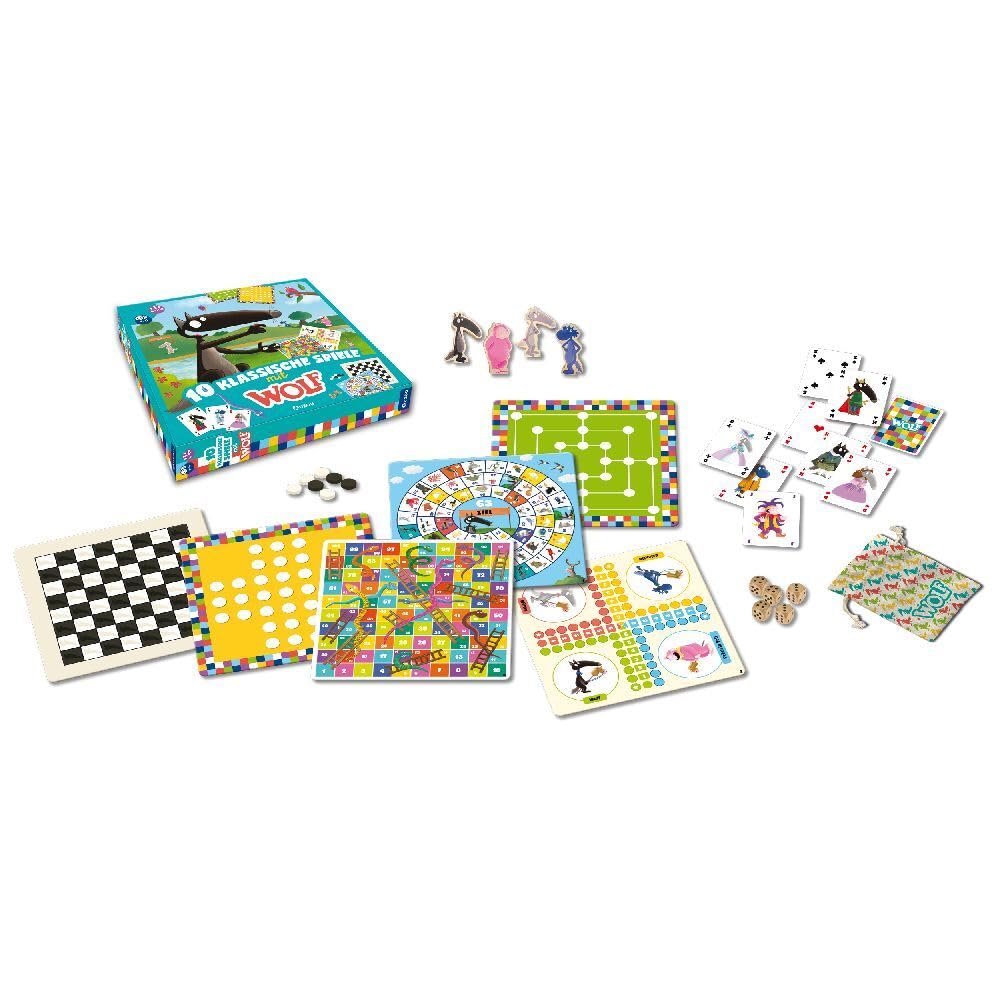 AUZOU, 10 Klassische Spiele mit Wolf, Spielesammlung mit beliebten Spiele Klassiker, Familienfreundliches Spieleset für Spieleabend & Familienspaß, Für 1–4 Spieler ab 4 Jahren
