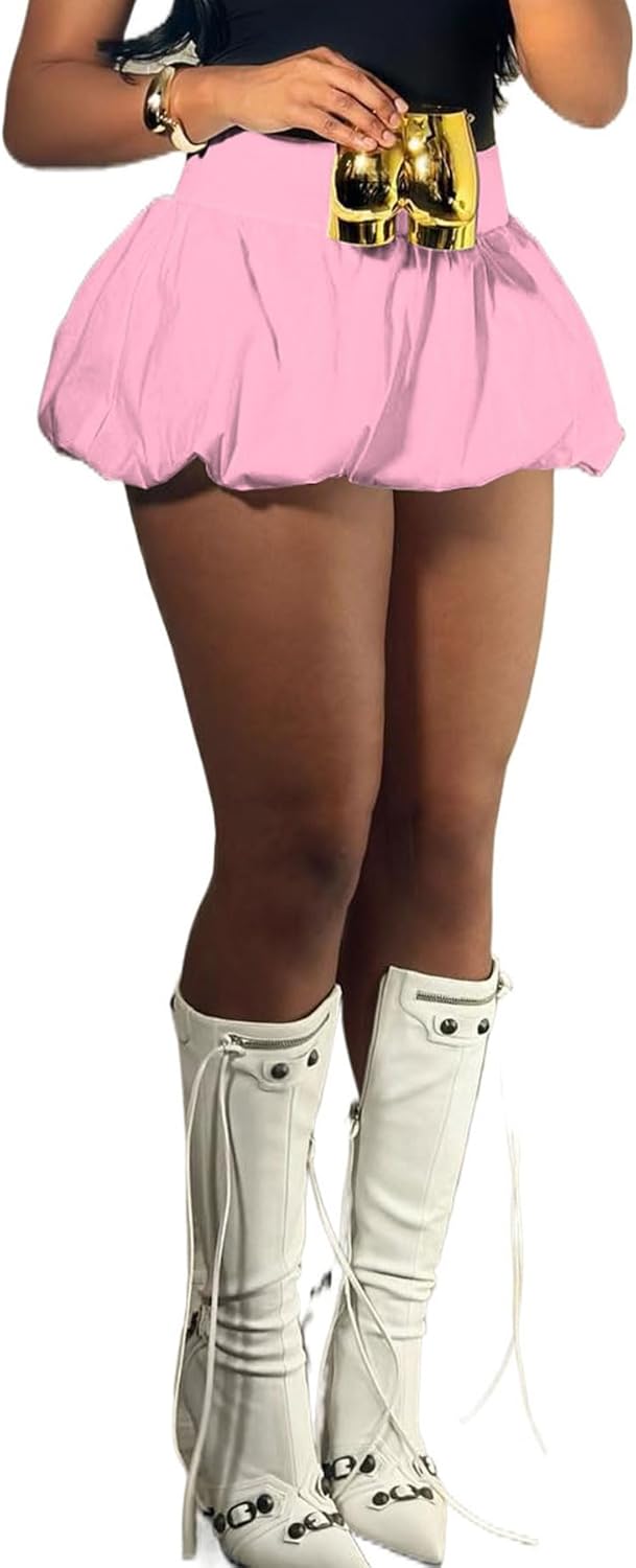 NRTHYE Women Y2K Bubble Mini Skirt Ruffle Short Skirts High Waist Puffy Flared Balloon Skirt
