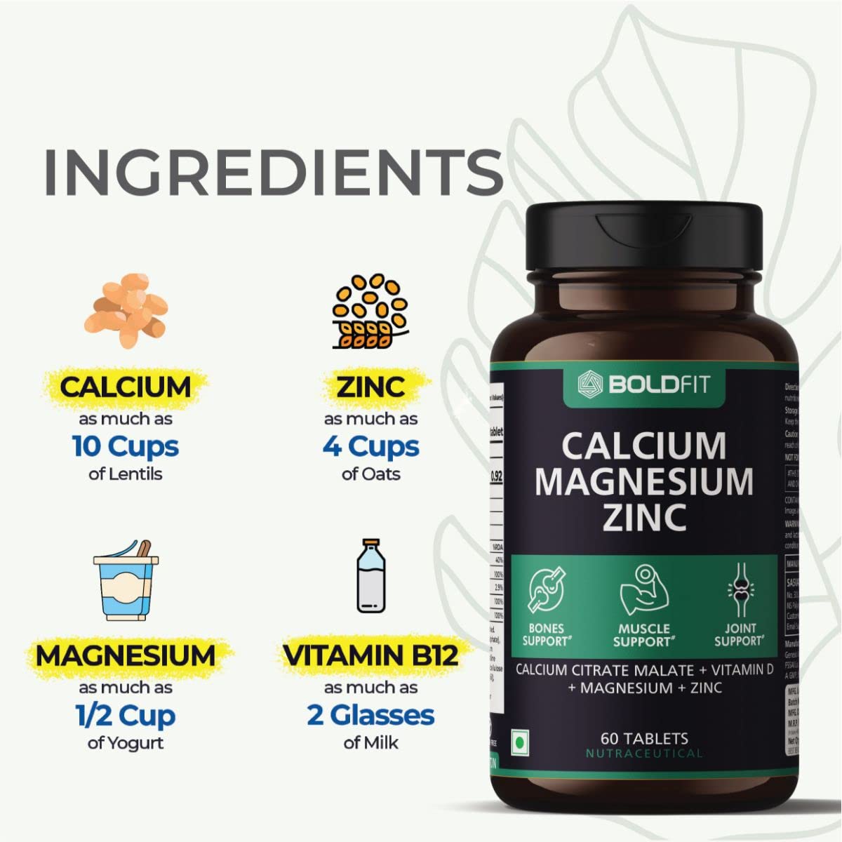 Boldfit Calcium Supplement 1000mg for Women and Men - 60 Vegetarian Tablets & Calcium Complex Supplement 1000mg (60 Vegetarian Tablets), 60 count 1
