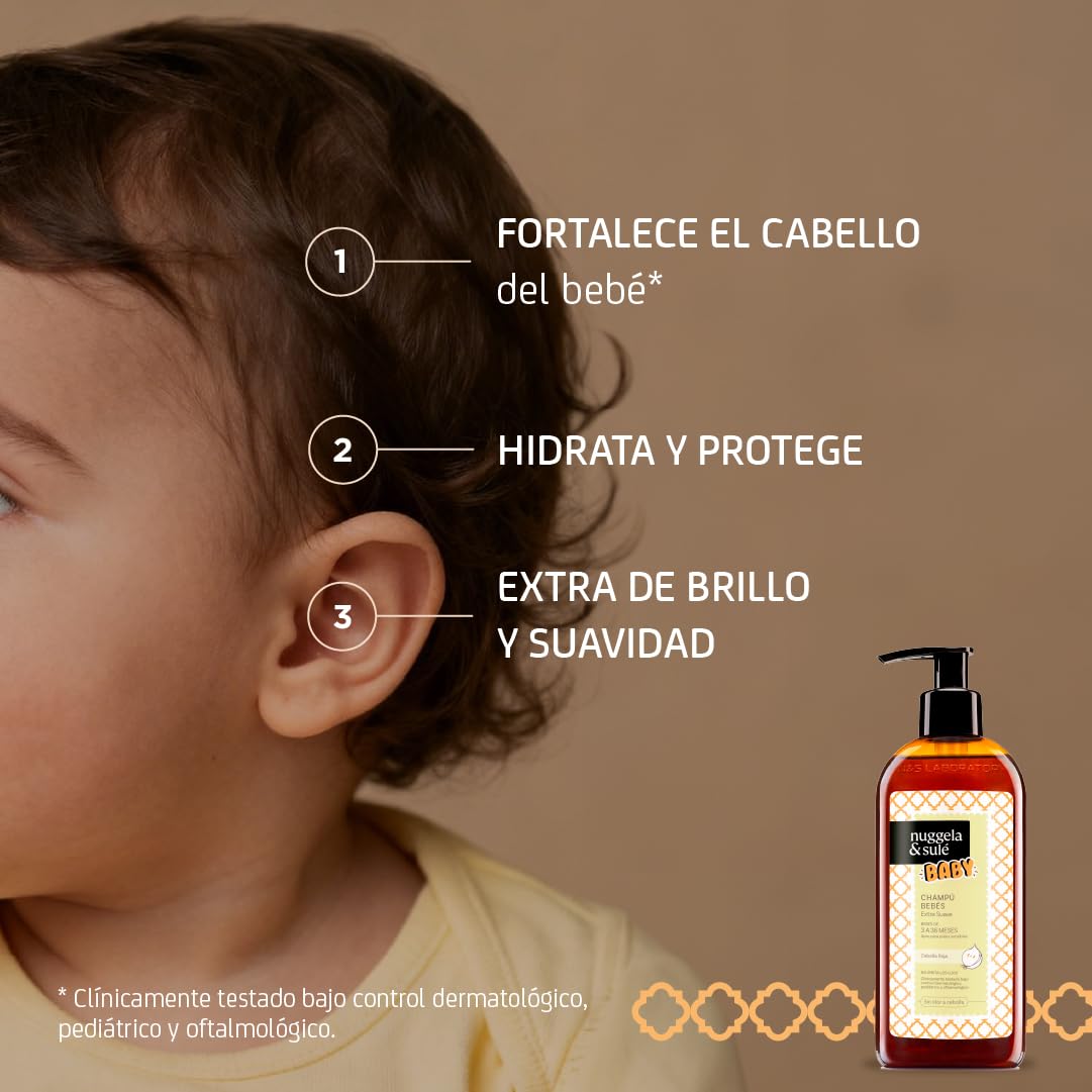 Nuggela & Sulé Champú BABY - Extra Suave. Bebés de 3 a 36 meses. Extracto de Cebolla Roja y Vitamina E. No irrita los ojos. Línea Infantil. 1 x 250 ml