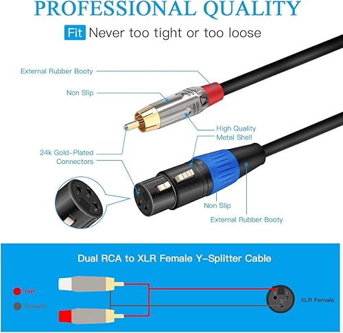 Miniatura 5 de JOLGOO Cable de ruptura XLR hembra a doble RCA y divisor en Y, 1 XLR hembra a 2 RCA macho cable adaptador de cable de conexión Y, 6.6 pies
