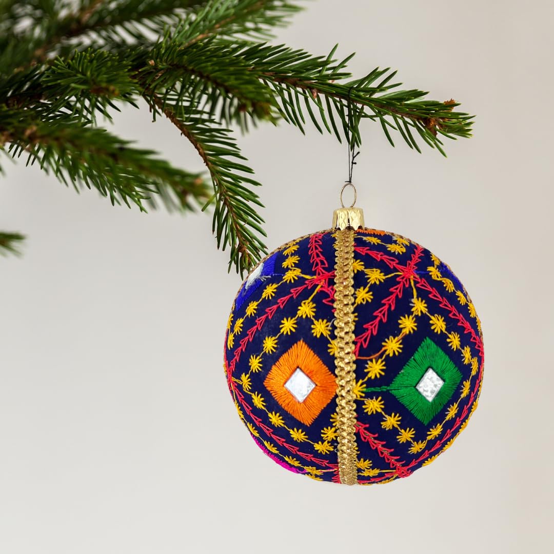 Handmade 10cm Christmas Bauble | Luxury Indian Thread Work Decoration | Navy Blue & Multicolour Ornament | Sustainable Upcycled Fabric | Festive Home Decor Gift for Diwali, Eid, Christmas