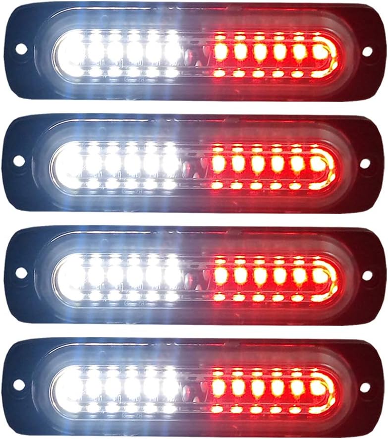 4pcs Ultra Slim 12-LED Surface Mount Grille Flashing Strobe Lights for Truck Car Vehicle Mini LED Light-Head Emergency Beacon Hazard Warning lights 12-24V (Red/White)