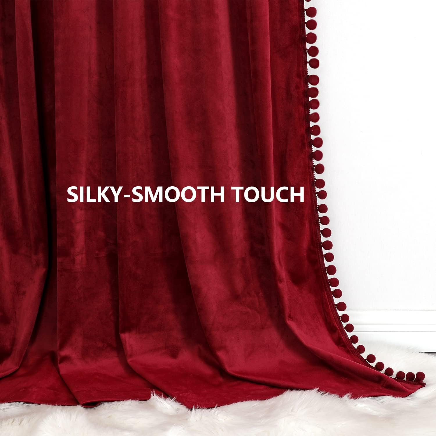 Benedeco Burgundy Velvet Curtains for Bedroom Window with Pom Pom, Super Soft Luxury Drapes, Room Darkening Thermal Insulated Rod Pocket Curtain for Living Room, W52 by L120 inches, 2 Panels