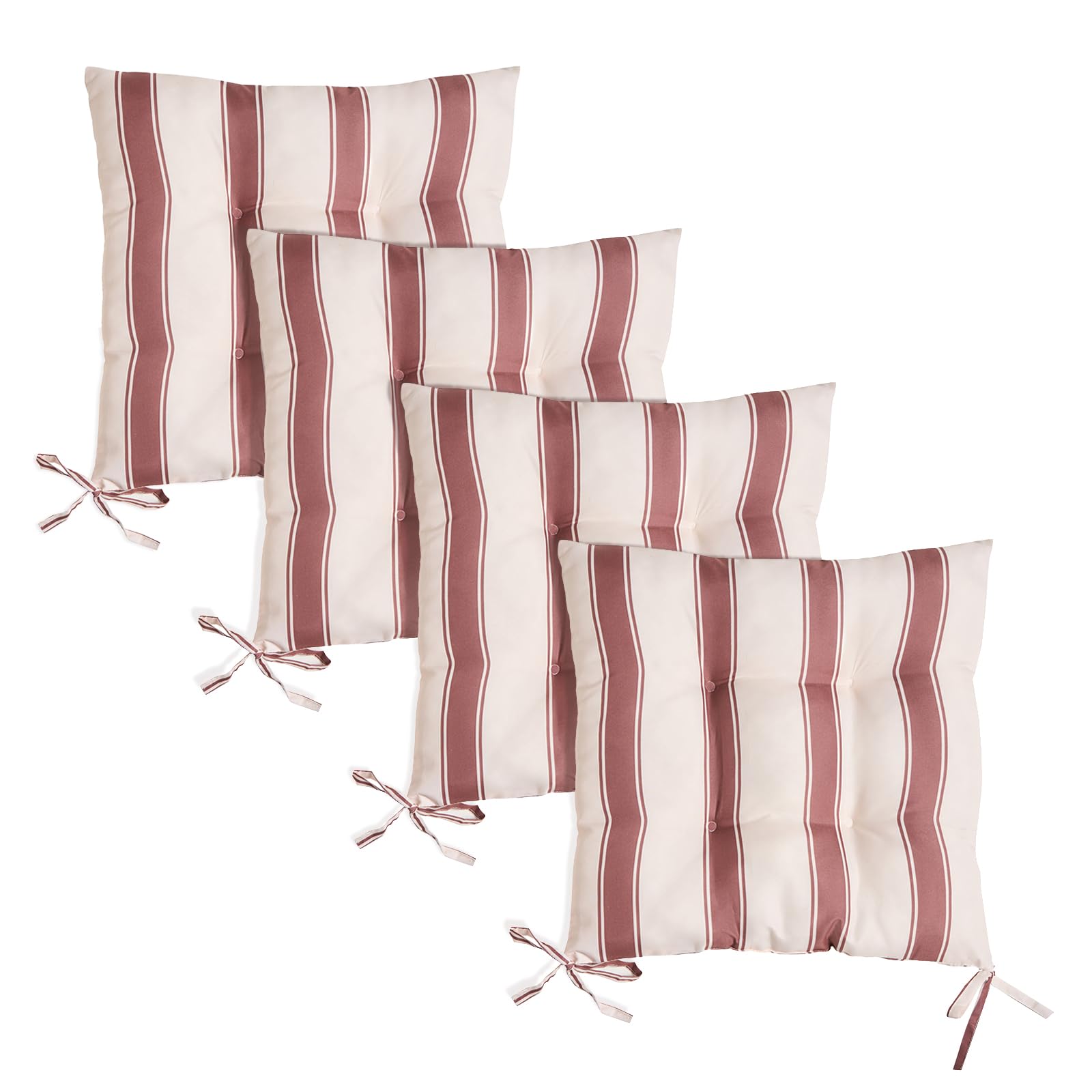 Ohs Chocolate/Cream 4 Pack Seat Pads Garden Chair Cushions Stripe, Soft Comfy Indoor Outdoor Seat Cushions With Ties For Garden Furniture Bistro Chairs Kitchen Dining Chair Cushions, - 40 X 40Cm