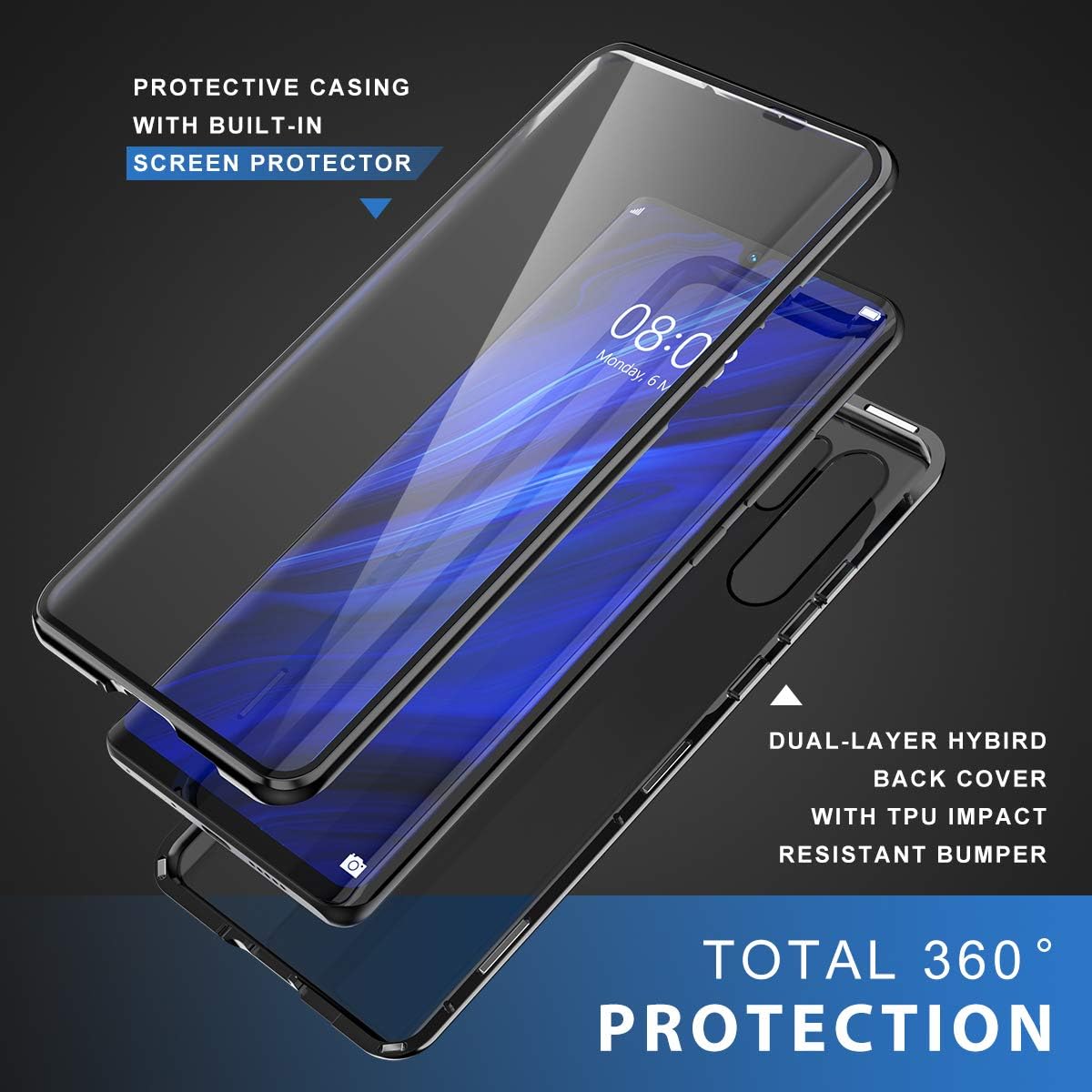 Huawei P30 Pro Case, ZHIKE Magnetic Adsorption Case Front and Back Tempered Glass Full Screen Coverage One-piece Design Flip Cover for Huawei P30 Pro (Clear Black)