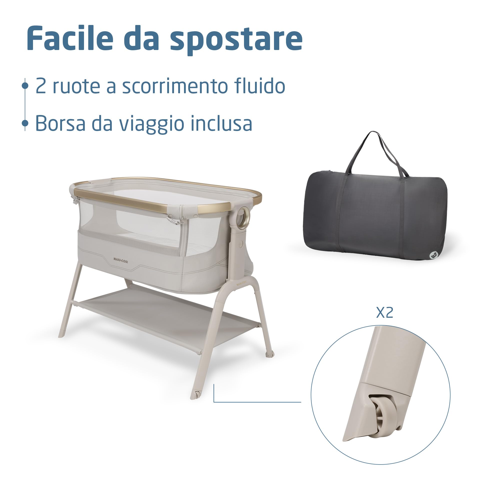 Maxi Cosi Iora² Culla Co-Sleeping, 0–6 Mesi (9 kg), Culla Neonato Fianco Letto Pieghevole e Leggera, Materasso 5 cm CloudCore, 5 Livelli, 2 Ruote Scorrevoli, Funzione Easy Slide, Elegance Beige