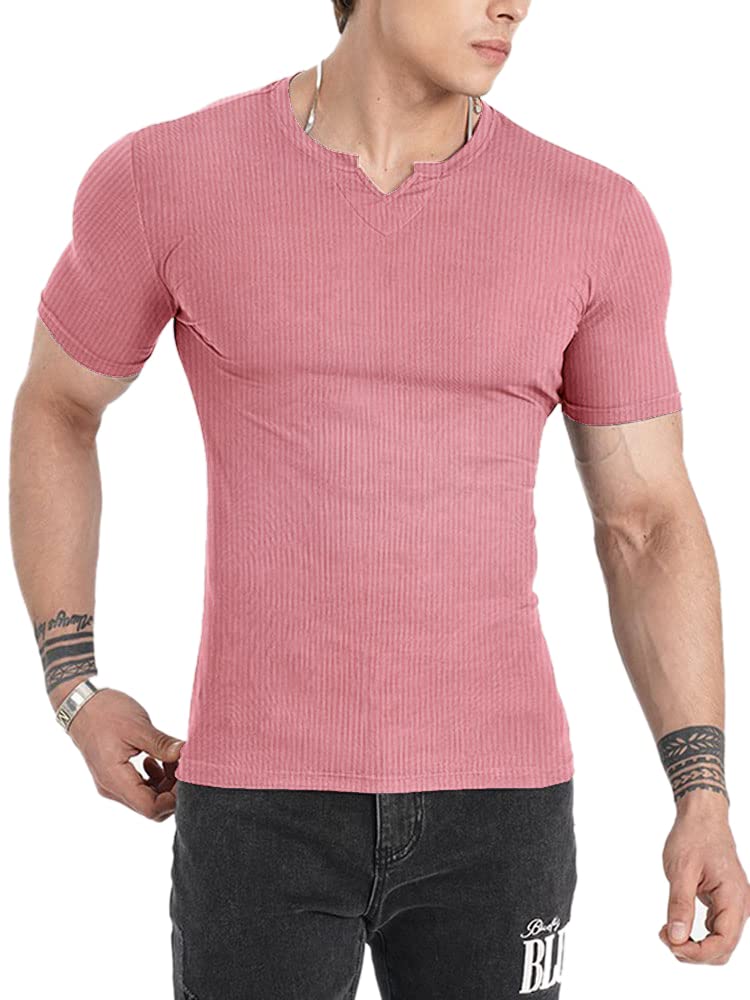 Muscle Cmdr Men's Henley Long&Short Sleeve T-Shirt Slim Fit V Neck Shirts Stretch Tee Casual Underwear Athletic Medium Weight Medium 1-pink-short