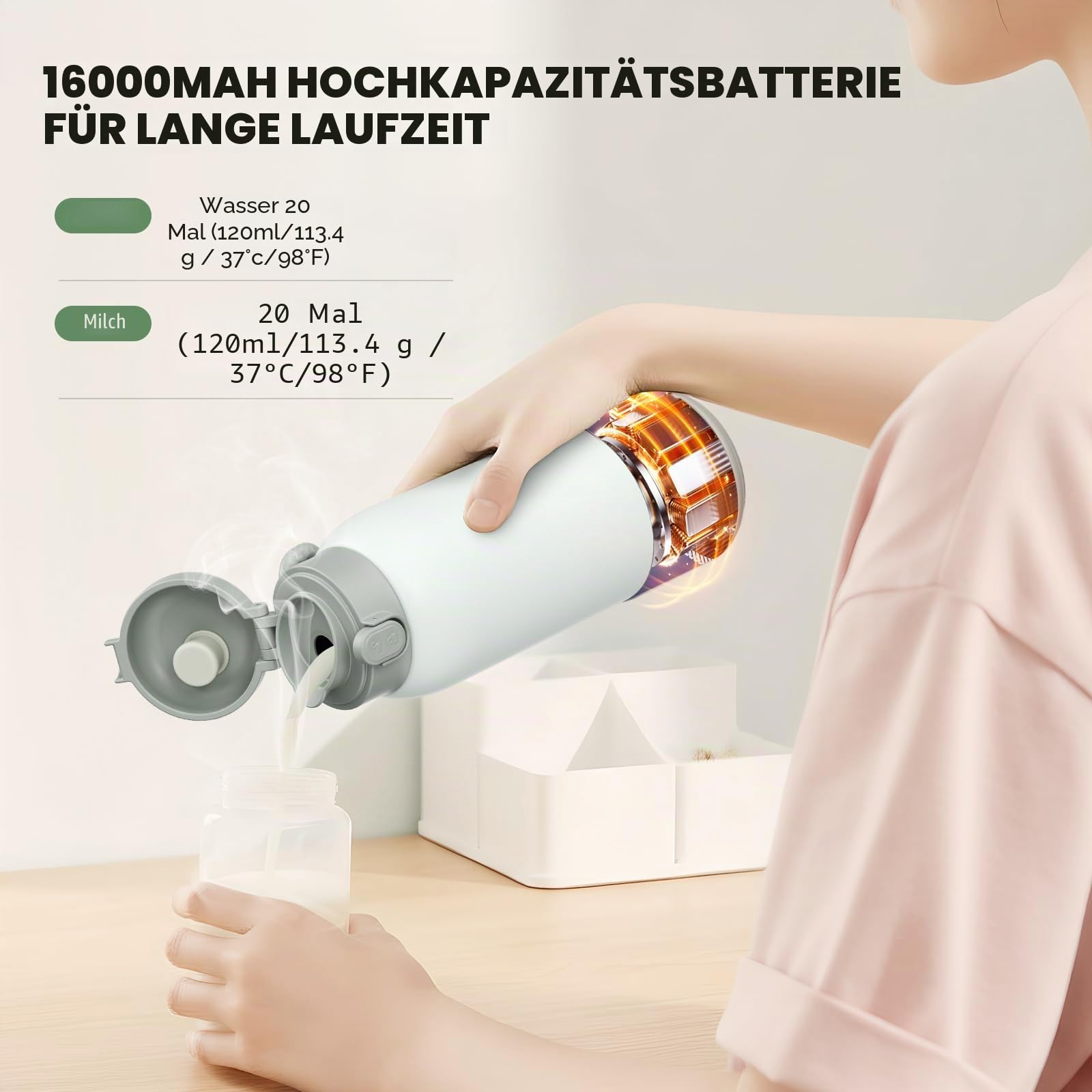 Tragbarer Flaschenwärmer Baby für Unterwegs mit Schnellladestecker - 500 ml Kapazität+ 3 Temperaturstufen - Babyflaschenwärmer für Muttermilch & Pre Nahrung | Schnellaufheizen in 2-3 Min