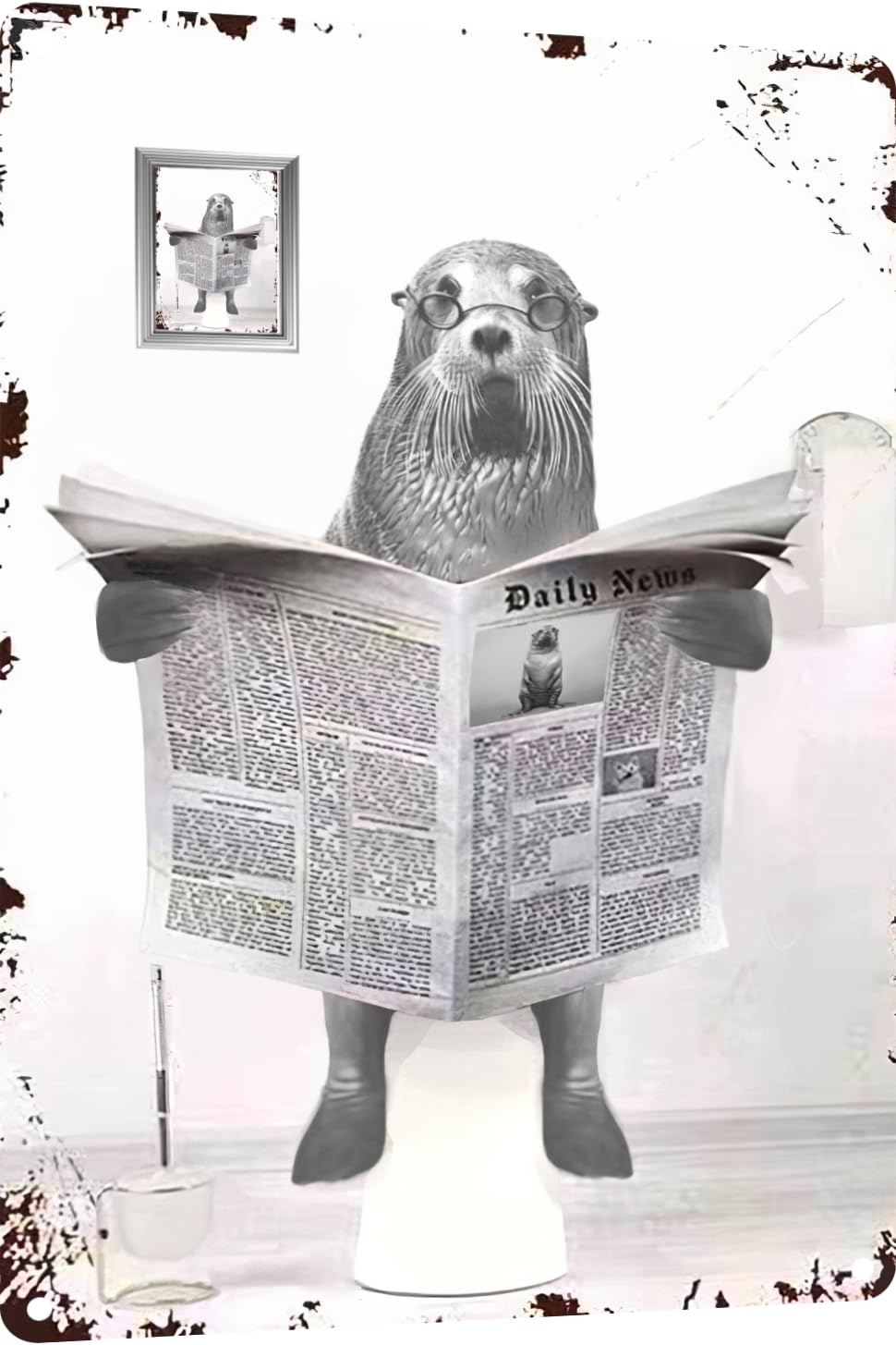 TopPacific Metal Tin Sign Vintage Otter Toilet Reading Newspaper Humour Funny Animal Whimsy Animal for Home, Bathroom and Toilet Wall Decor 12x16 Inch(803B)