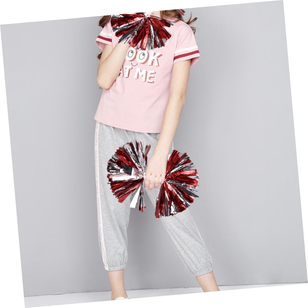 BRIGHTFUFU 2pcs Colorful Reusable Cheerleader Pom Poms with Handle for Performance Competition and Sports Events Eye Catching Red and Silver Cheer Props