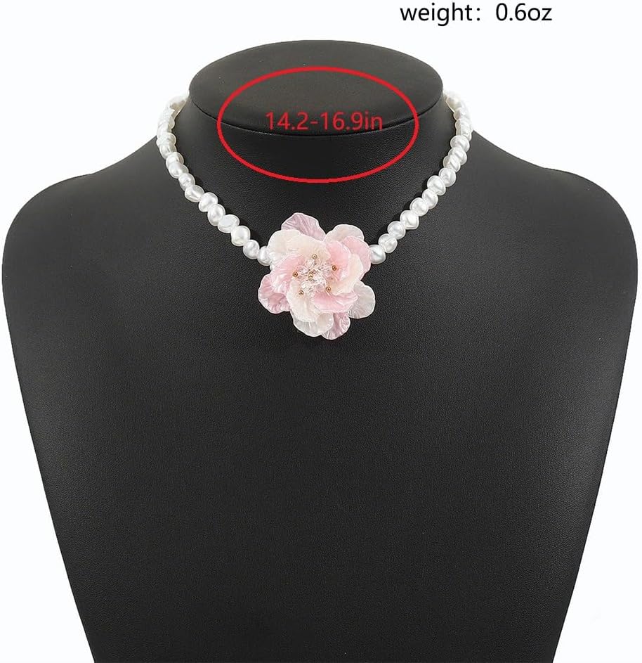 Delicate Large White Shell Pearl Flower Choker Necklace for Women, Trendy Colorful Floral Zircon Beaded Pearls Chain Necklaces Boho Party Prom Jewelry - Image 2