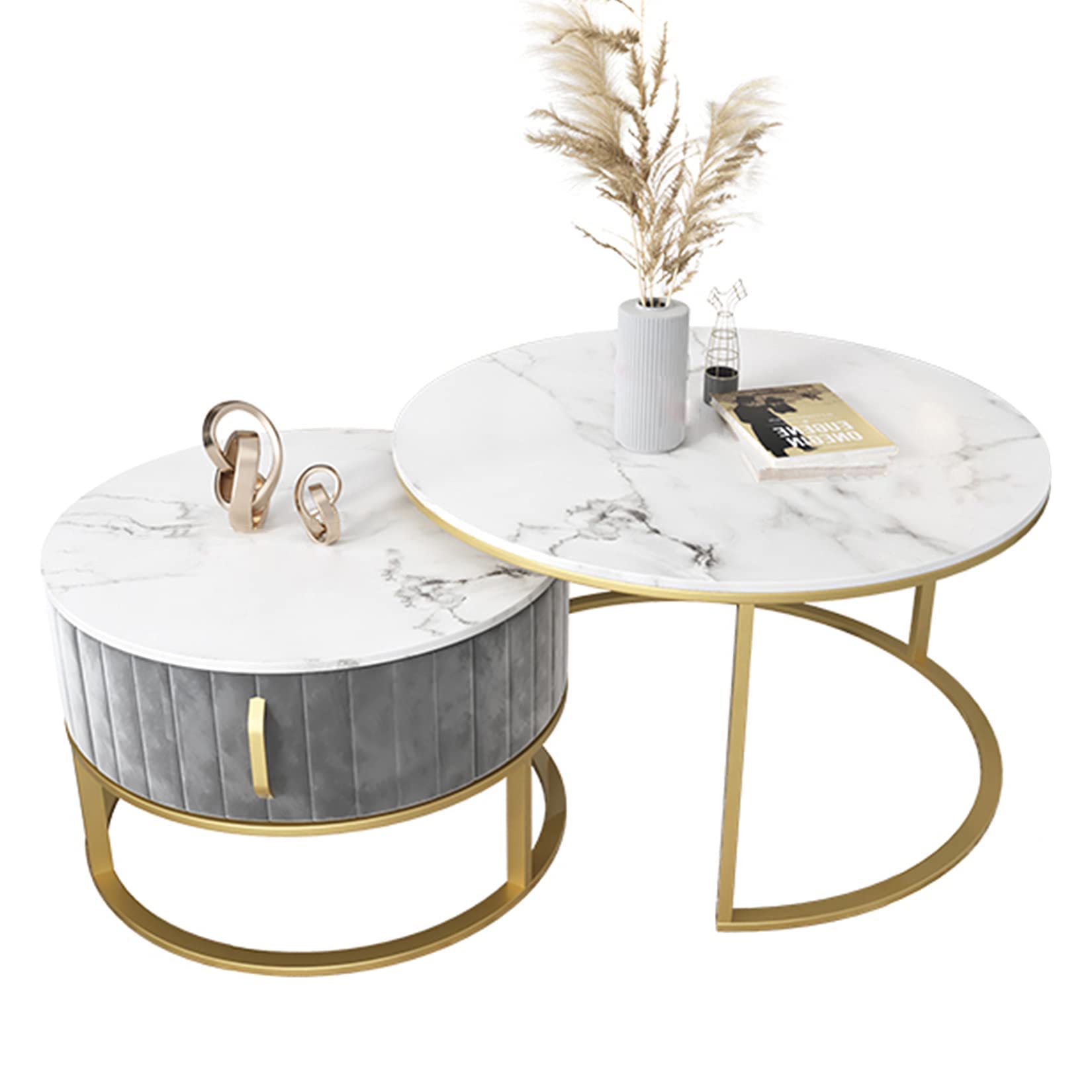 Round Coffee Table Nesting Round End Table Side Sofa Table with Drawer Marble Nest of 2 Tables with Gold Metal Bases Home Office Coffee/Snack/Bedside Table Laptop Desk for Living Room Bedroom