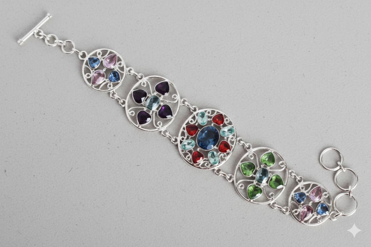 Pulsera de plata de ley 925 con múltiples cuarzo, chapado en rodio blanco, multicolor, bisel facetado, juego de joyas de palanca