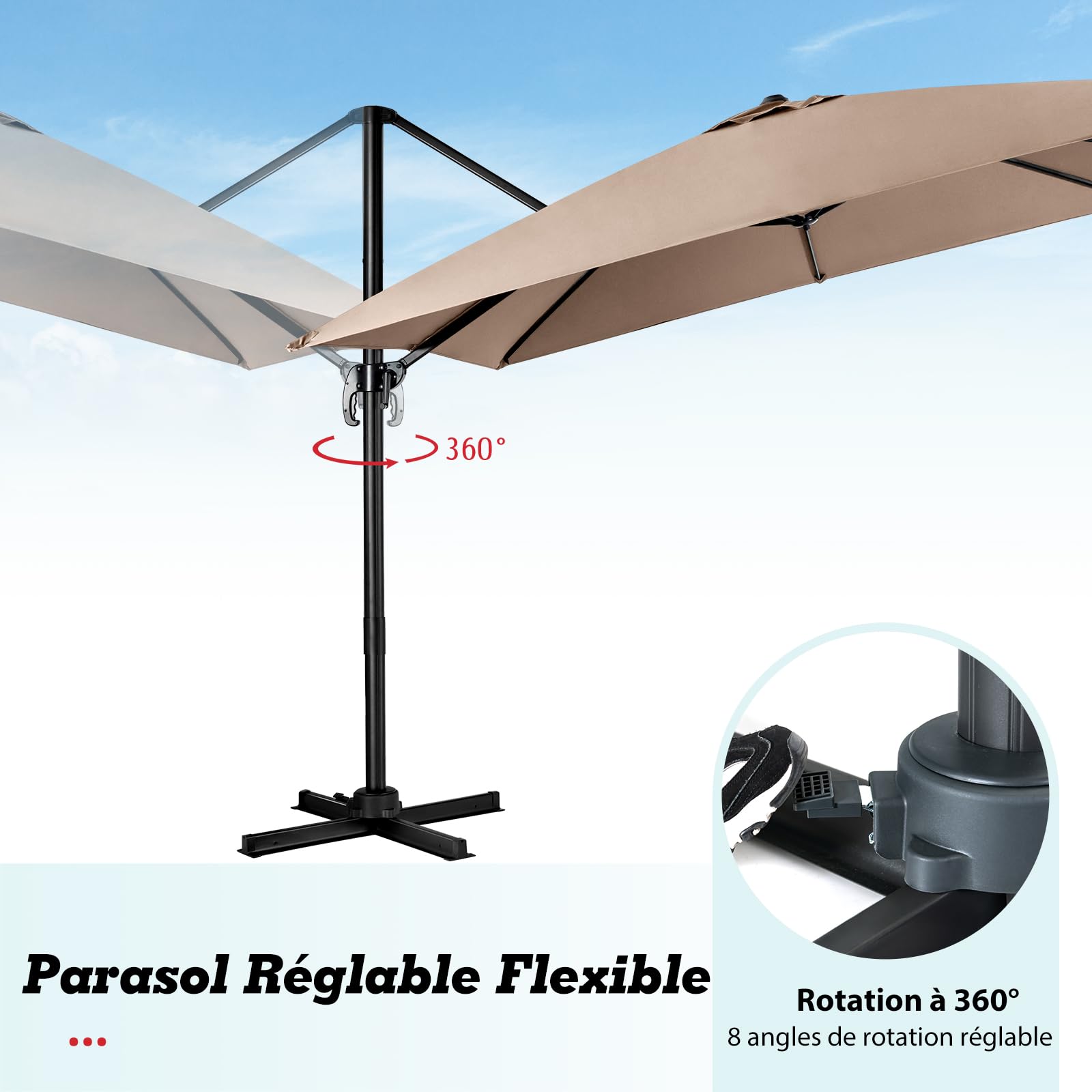 GOPLUS Parasol de Jardin Exterieur, Parasol Déporté 3x3M, avec Toile Inclinable à Double Couche, Manivelle, 8 Baleines, Rotation à 360°, Anti-UV, pour Balcon Terrasse Patio, Café