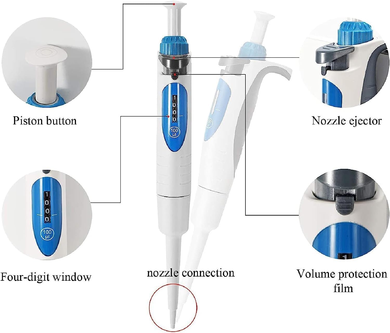 Micropipeta de laboratorio, rango de 7 capacidades diferentes, pipeta de un solo canal de alta precisión, pipeta de volumen ajustable, utilizada en medicina, educación y química.(0.5-10ul)