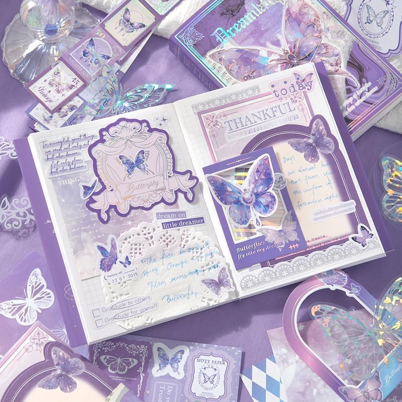 Image of MGNLR Vintage Aesthetic Scrapbook Kit(346Pcs) Scrapbooking Supplies Kit with Bullet Junk Journal,Stationery,A6 Grid Notebook Journaling Gift for Girl (Butterflies in Dream)