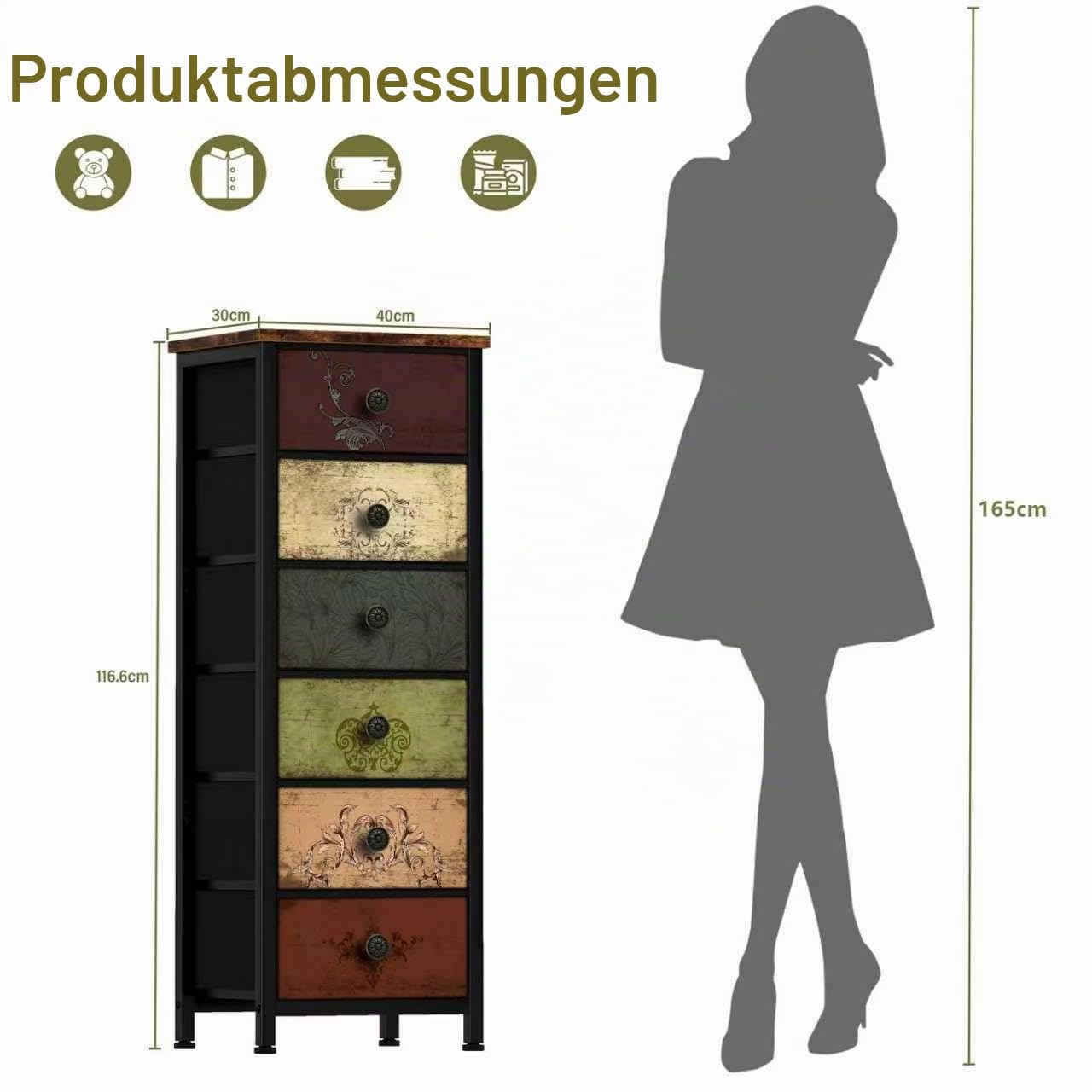 6-Schubladen Kommode, Vintage Aufbewahrungsschrank 40x30x116,6 cm
