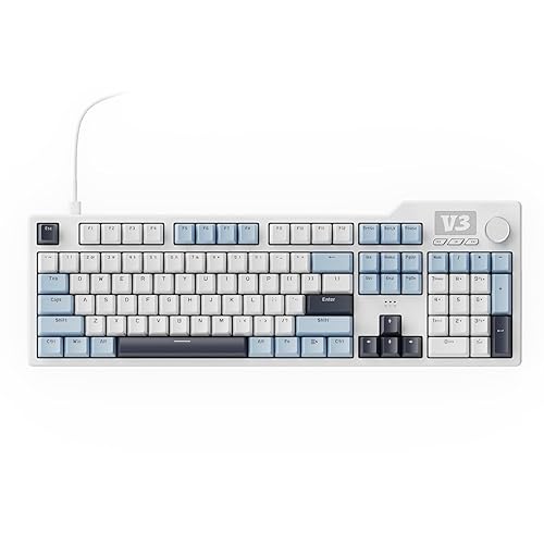 AJAZZ AK35I V3 104-Key Full Size Wired Gasket Mount Gaming Keyboard with Multimedia Buttons & Knob Control | Five Layer Pad | OEM Profile PBT Keycaps | Blue Backlit Custom Keyboard - No Screen Dark Blue White