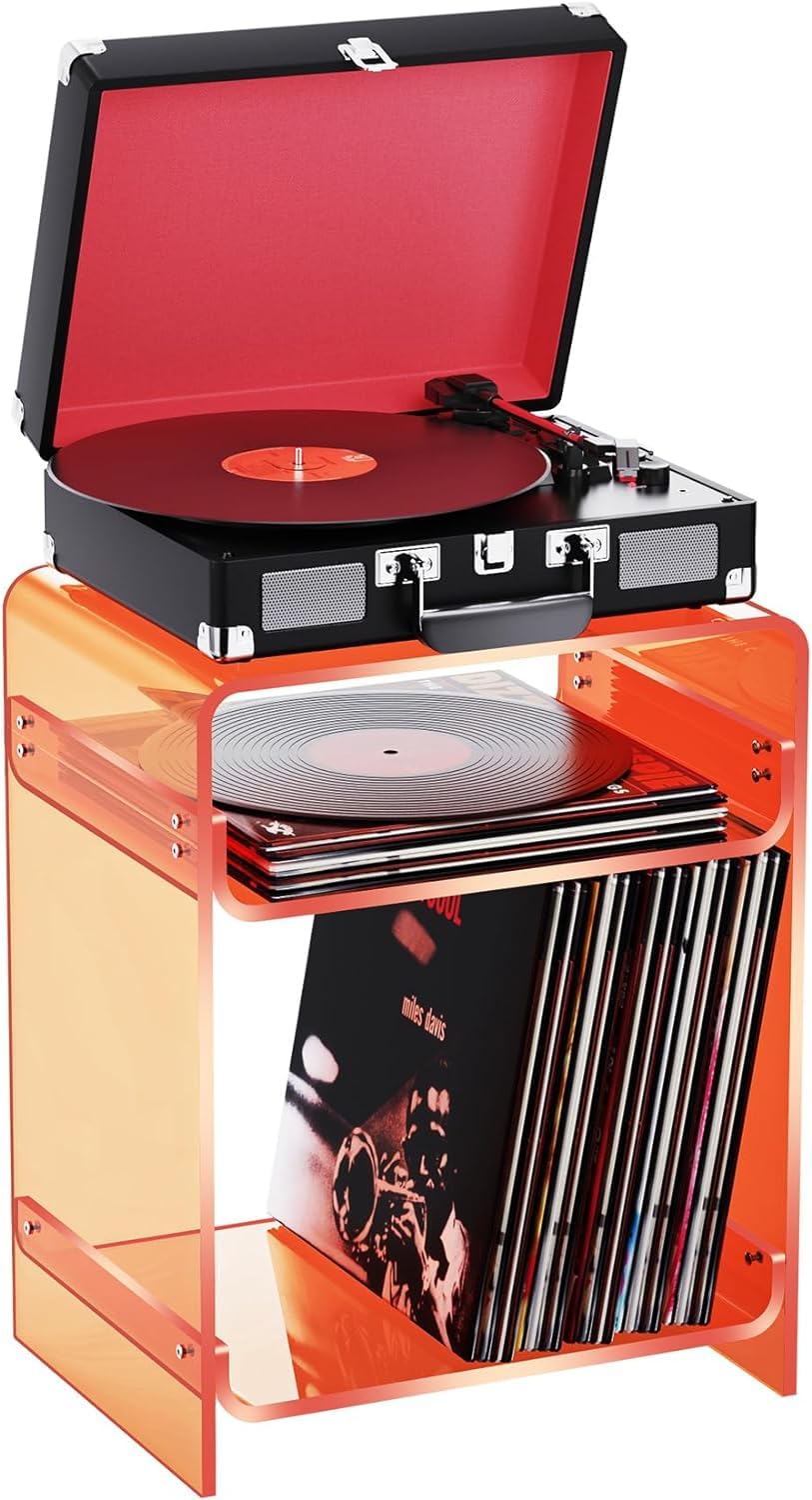 solaround Acrylic Side Table, 3-Tiers Nightstand Bedside Table, Record Player Stand, Orange, 40 x 30 x 50cm