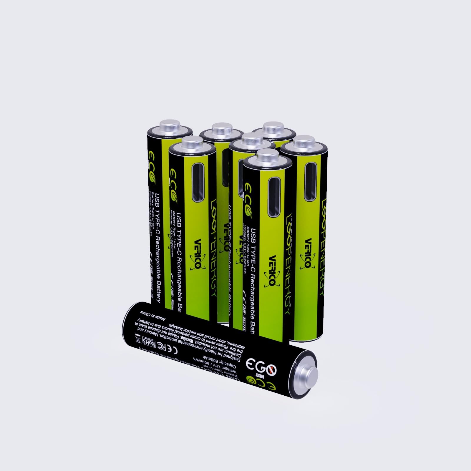 VERICO LoopEnergy AAA 900 Wiederaufladbare USB-C Batterie AAA 1,5V 900mWh (600mAh) Li-Ion, Schnellladung Via USB-C Anschluss in ca. 2 Stunden, 8er Pack AAA, 1 Kabel USB - A auf 4 x USB-C
