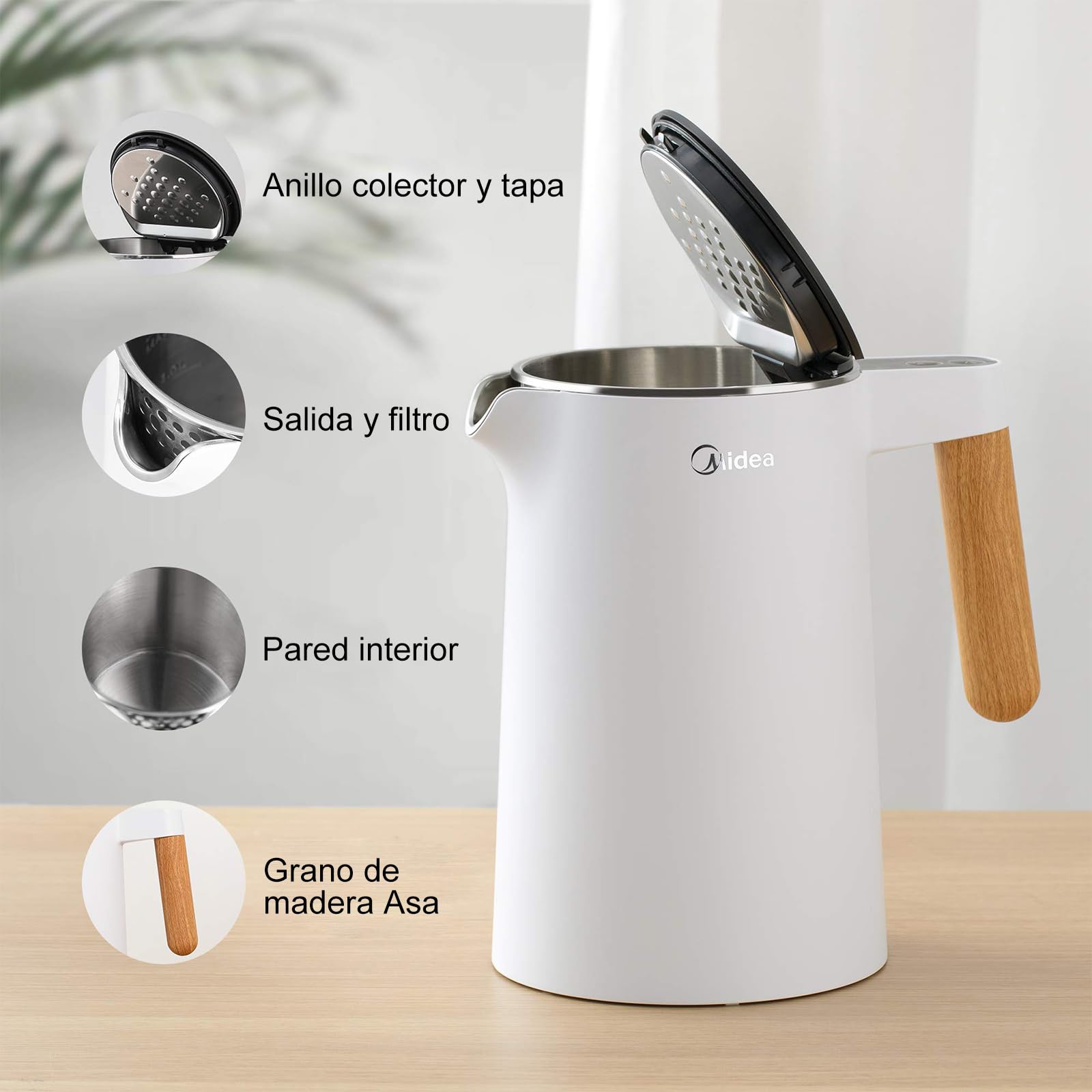 Midea Hervidor de Agua Electrico con Control Temperatura 1,5L, 2200W, Kettle con indicador de temperatura y Asa de Madera, Libre de BPA con Base 360°, Doble Pared, Acero Inoxidable Interno, Blanco