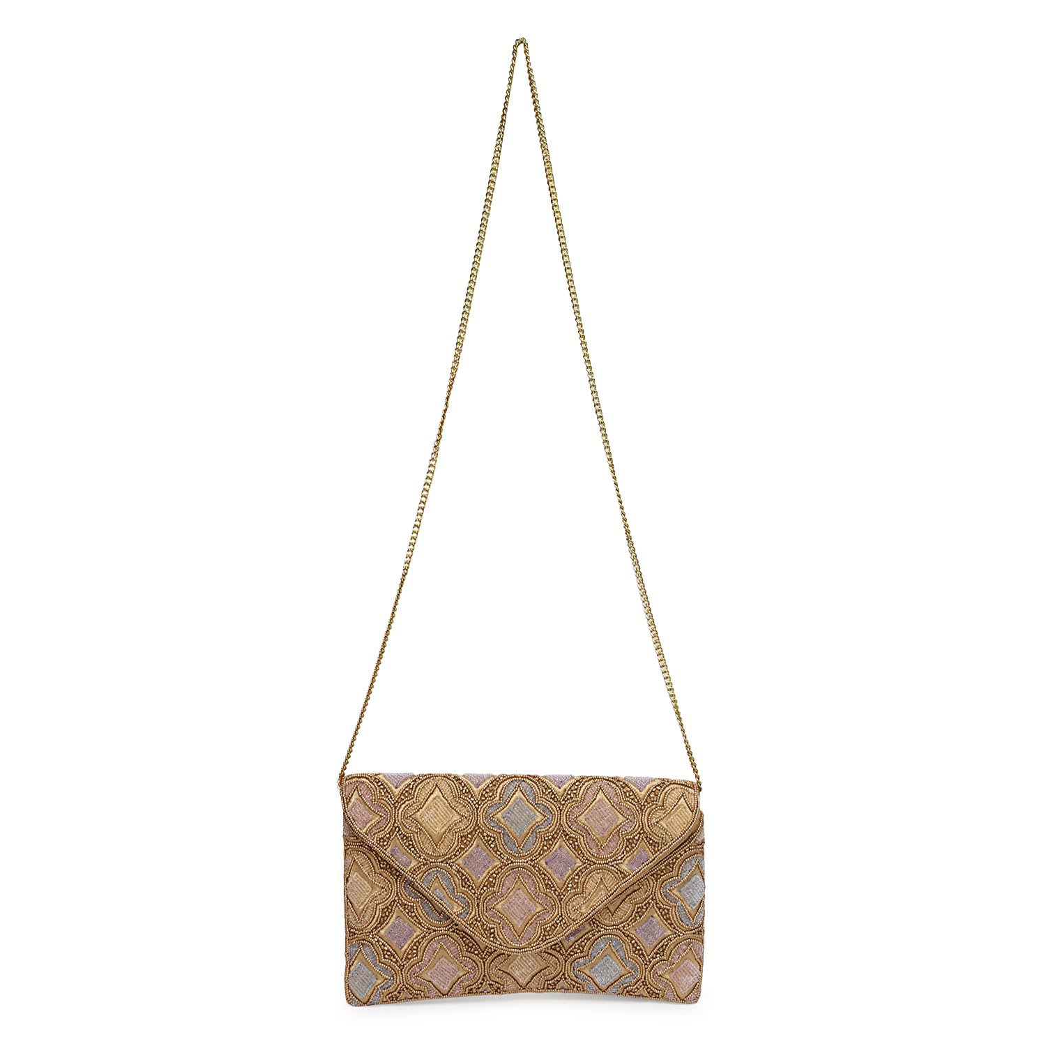 LONGING TO BUY Pochette da sera con perline da donna, motivo geometrico, stile busta con cinturino a catena