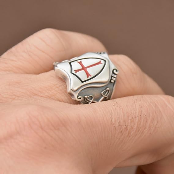 Knights Templar Ring Sterling Silver 925 Red Cross Shield Masonic Signet Ring Handmade Jewellery