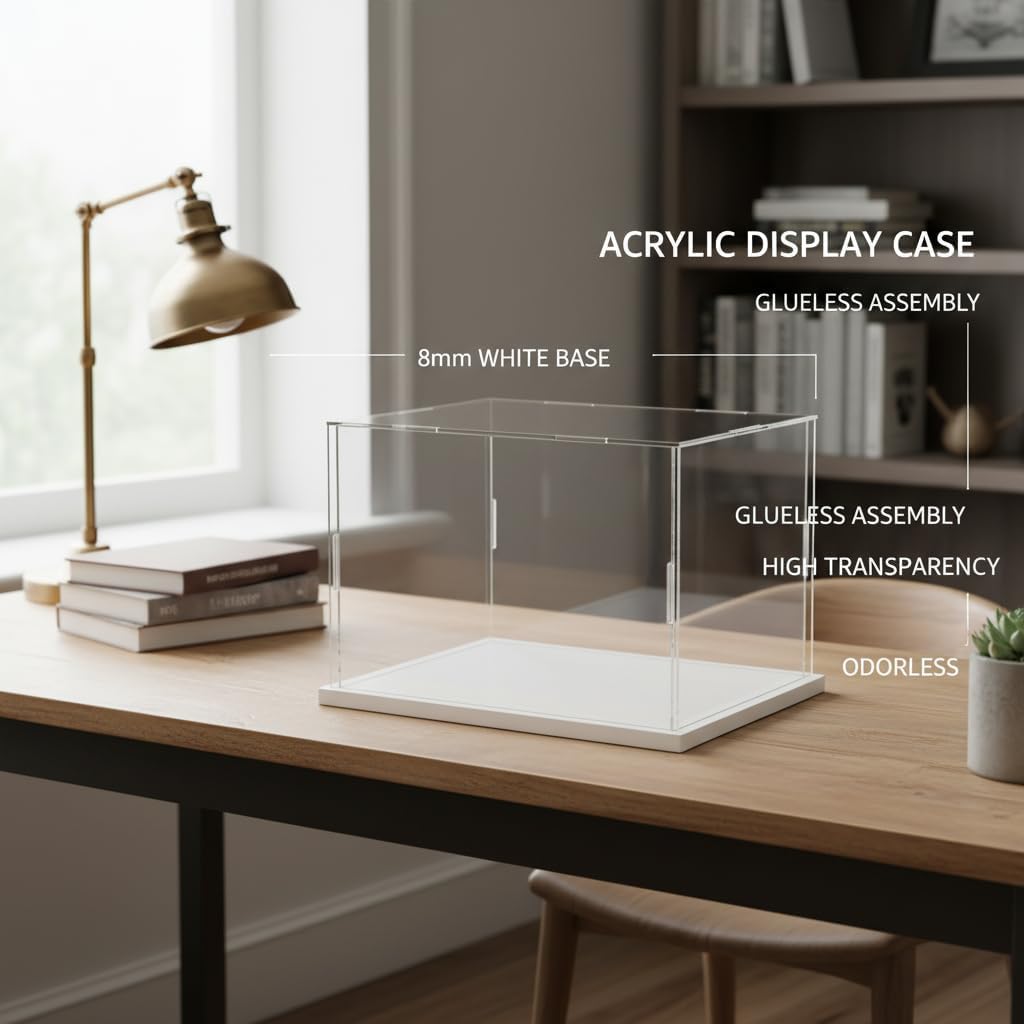 Clear Acrylic Display Case, Assemble Cube Display Box Stand with PVC Material White Base, Dustproof Protection Showcase for Collectibles Memorabilia Figurines (8*8*8inch;20*20*H20cm)
