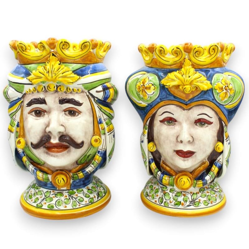 Cabezas moriscas sicilianas en azul y verde para una decoración de salón elegante de 28 cm