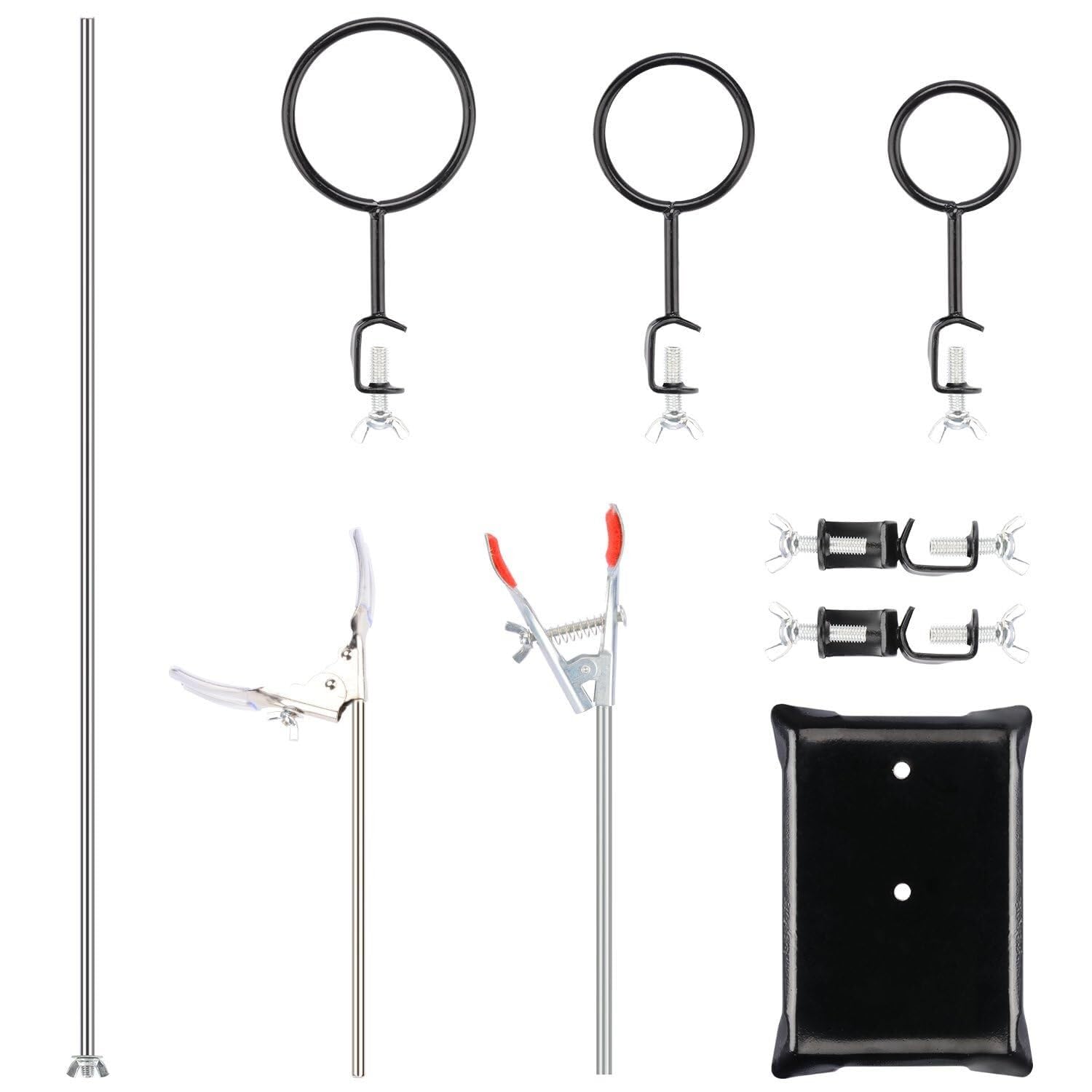 Laborstativ-Set mit 60 cm Stab, 3 Stativringen, 2 Kolbenklemmen, 2 Muffenklemmen, Metallständer für Laborzwecke