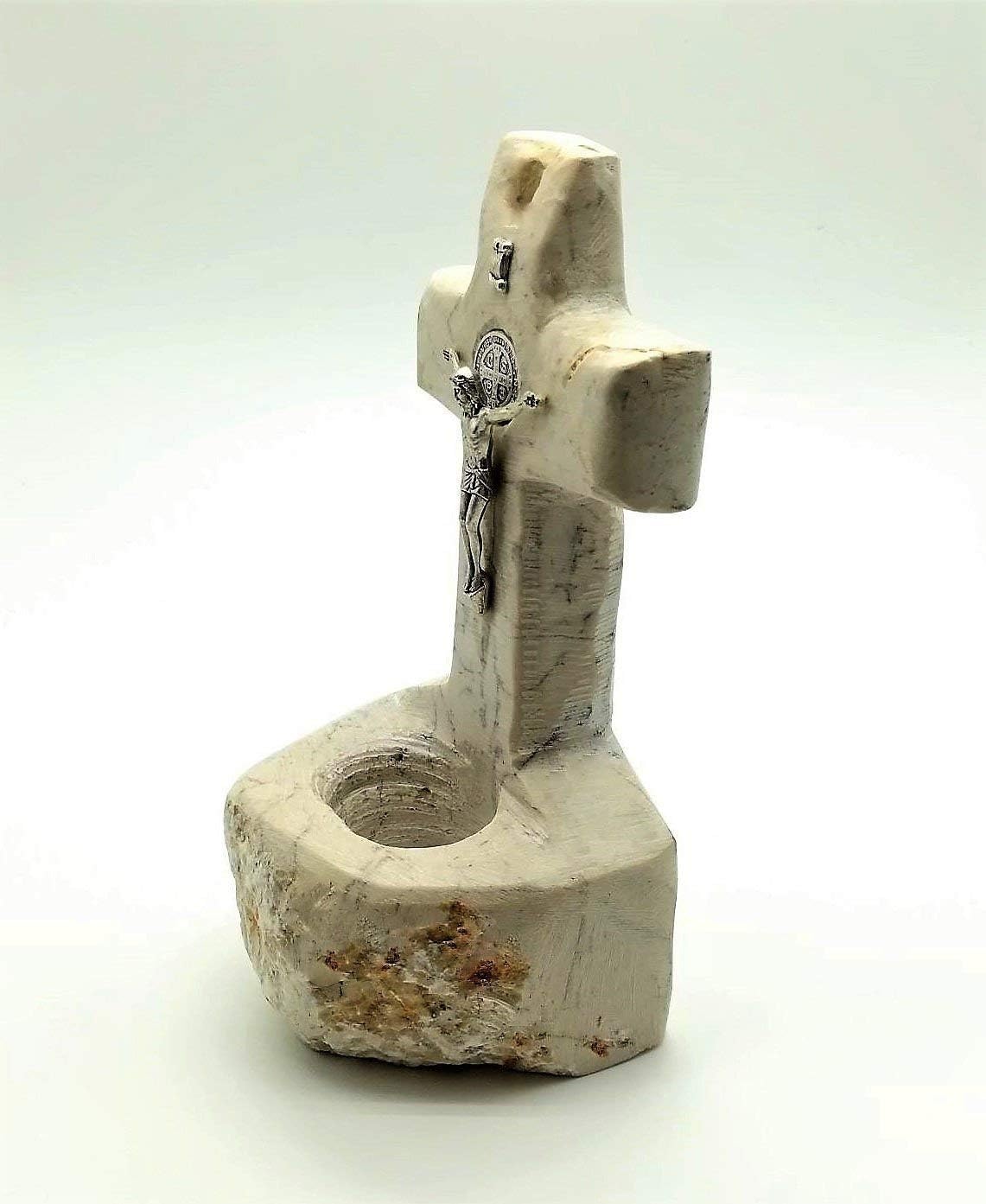 Holy Water Font for Home Medjugorje Natural Stone Handmade Table Wall Cross Holy Water Holder 6.5"