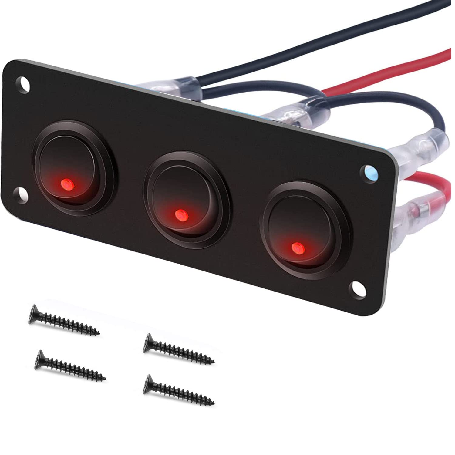 RUNCCI-YUN 3-pasmowy panel przełącznika kołyskowego,Czerwony panel przełącznika LED 12-24V,SPST Okrągły przełącznik samochodowy do samochodu, karawana, ciężarówka, łódź