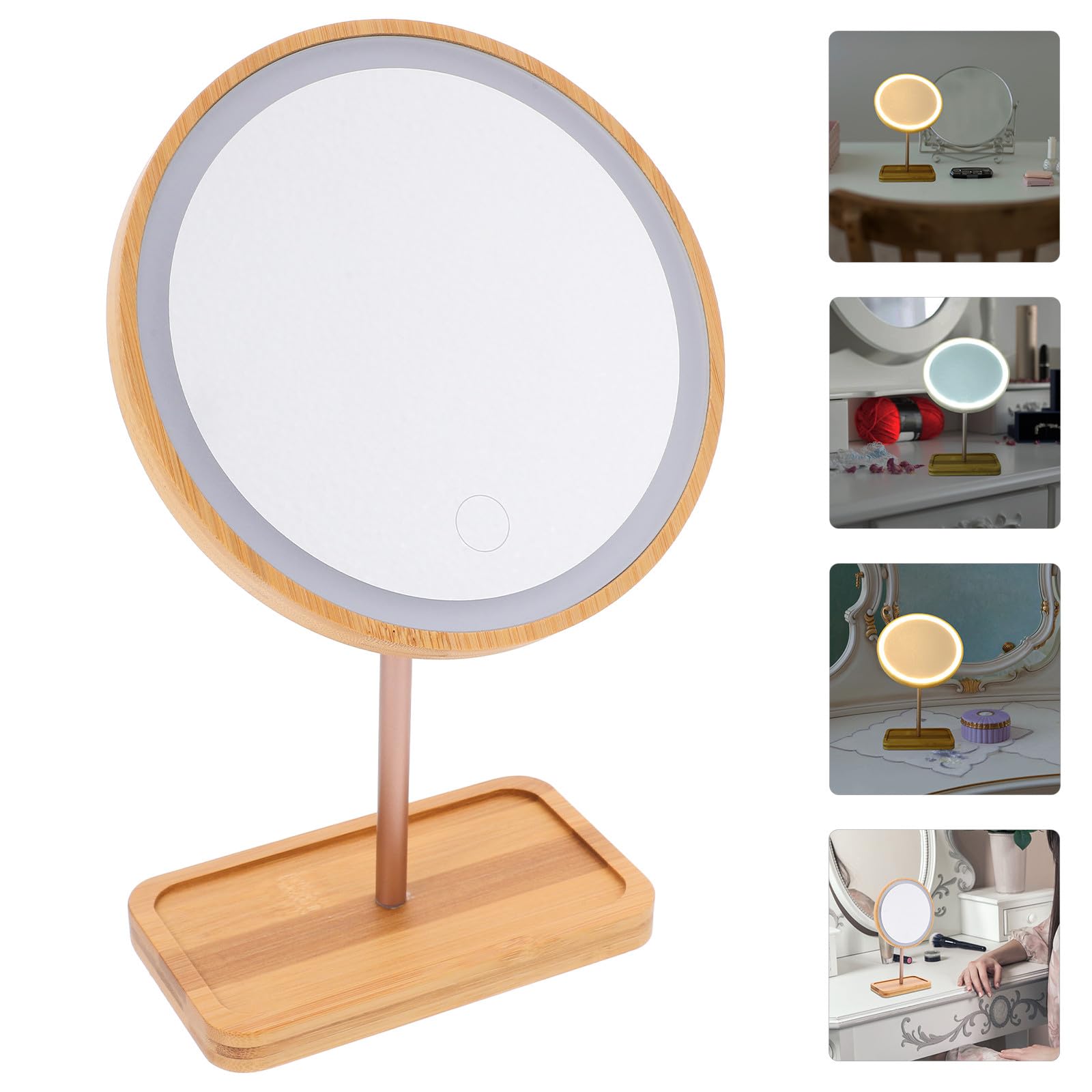 Angoily Miroir de Maquillage Rechargeable 1200ma Lumineux en Bois avec Lampe LED Intégrée et Plateau Style Moderne pour Coiffeuse et Plan de Salle de Bain