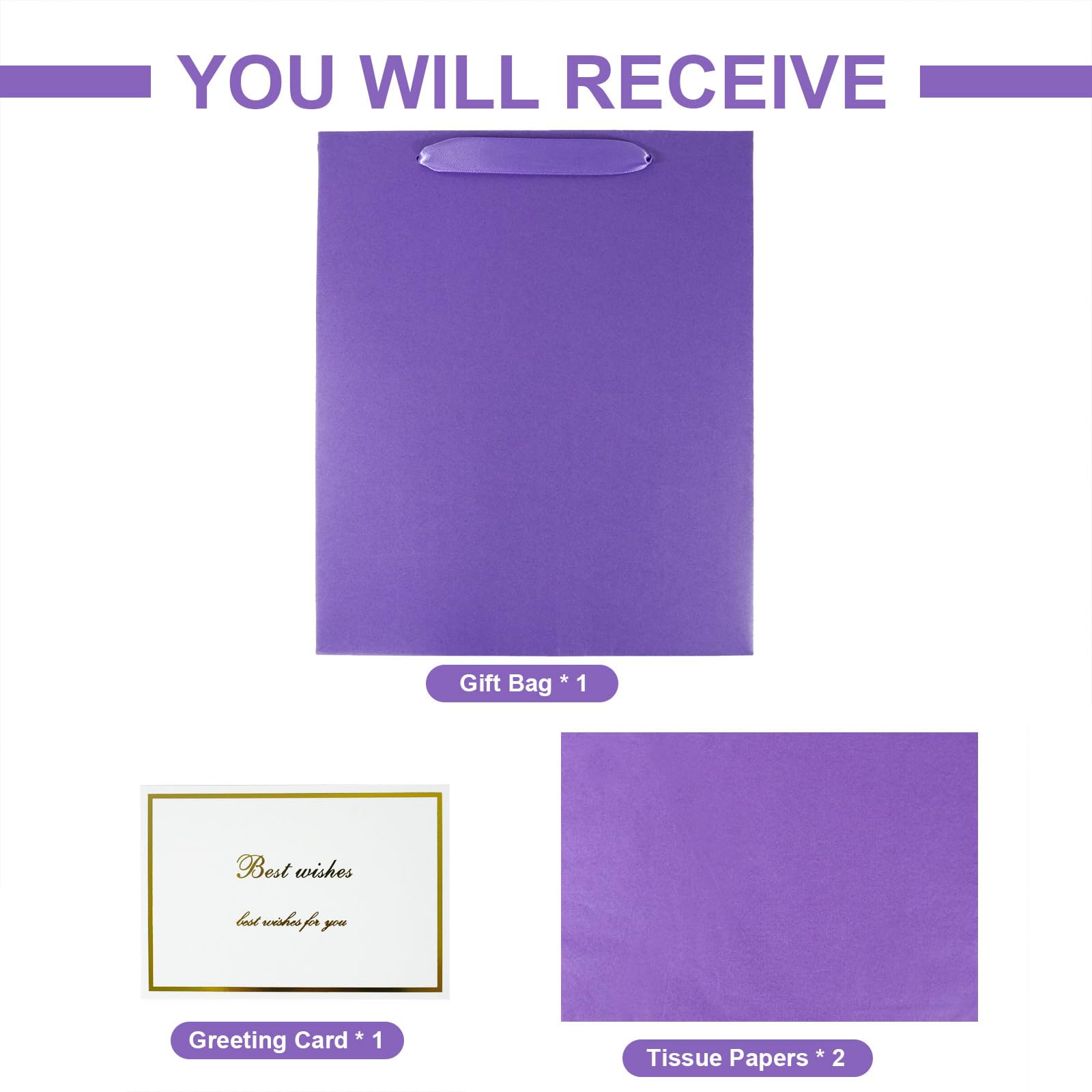Elegant Purple Gift Bag 10.2"x4.7"x12.2" with Ribbon Handles, Includes Card and Tissue Papers, Perfect for Birthdays, Weddings, Parties, Holidays, Baby Shower