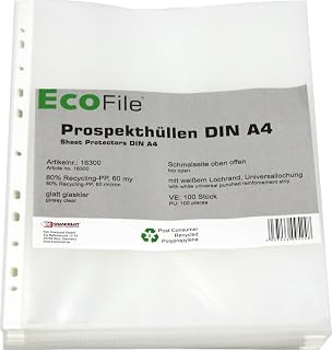 Prospekthüllen A4 PCR‑PP 60my glasklar glatt Eurolochung oben offen 100Stk