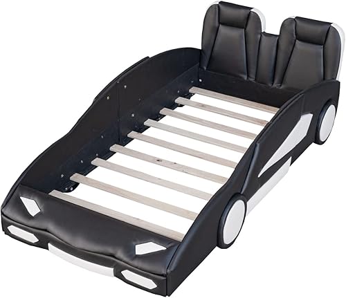 Miniatura 6 de MERITLINE Cama de piso de auto de carreras de tamaño individual con ruedas plataforma de madera con listones de apoyo camas individuales para niños