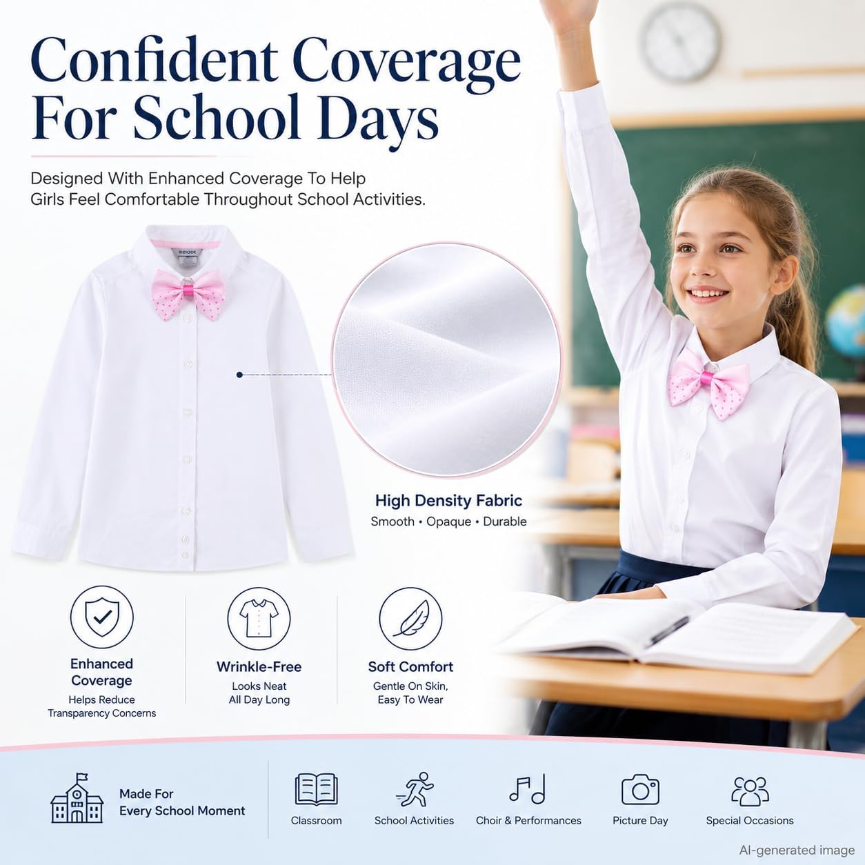 Bienzoe Girls Long Sleeve Shirt: Kids School Uniform Button Down Cotton Oxford Blouse Bowtie Pack