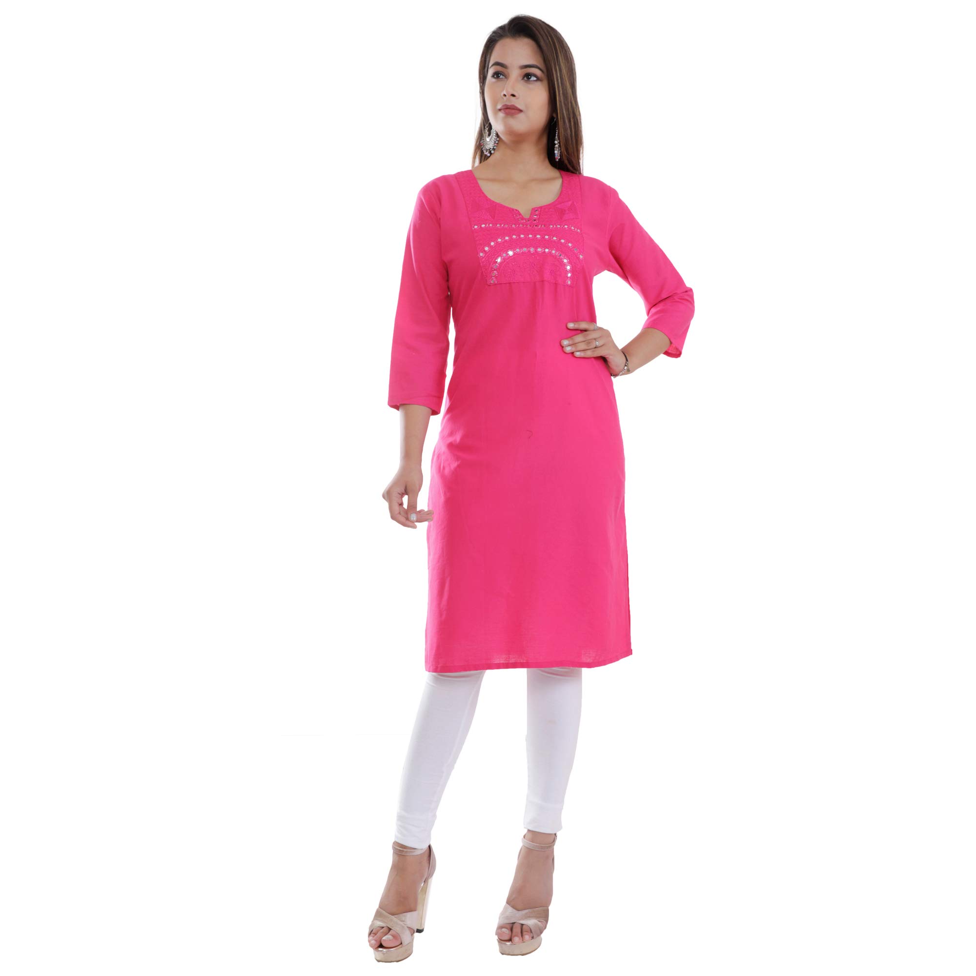 Ramkudi Indian Women's Plain Embroiderd Cotton Straight Kurti Top