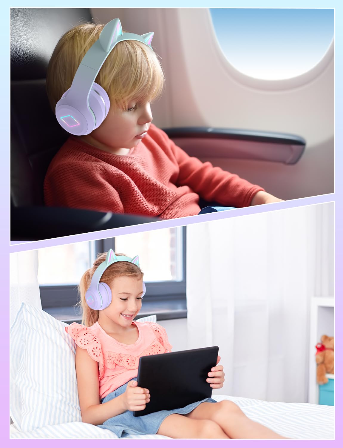 Cuffie Bluetooth per Bambini, Senza-Fili Cuffie Over-Ear, Con orecchie LED, Pieghevole, Con Microfono, Micro SD/TF, HD Stereo, Cuffie ragazze orecchie gatto per scuola/scrivania/PC/TV