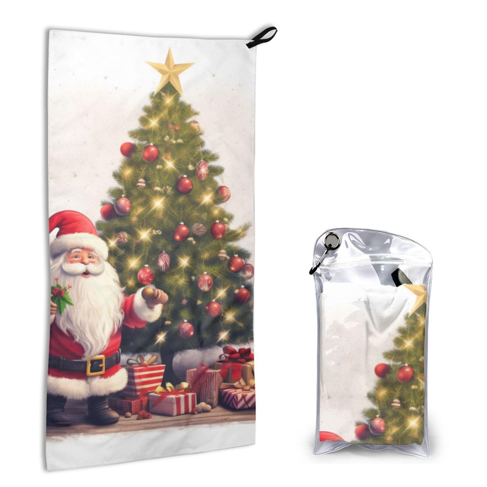 BWWHCCTI Quick Dry Hand Towel With Bag - Christmas Tree Santa Claus Printed Super Absorbent Face Cloth Microfiber Travel Sports Towels 40x80cm