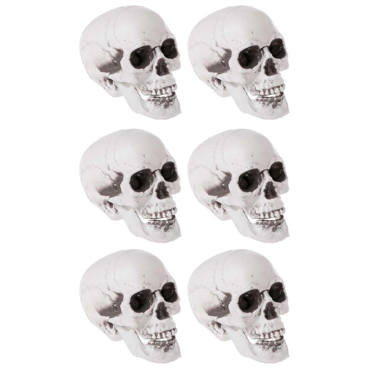 Tradineur - Pack de 6 Calavera para Halloween, plástico, cráneo, decoración de interior, carnaval, fiestas, celebraciones, 15 cm