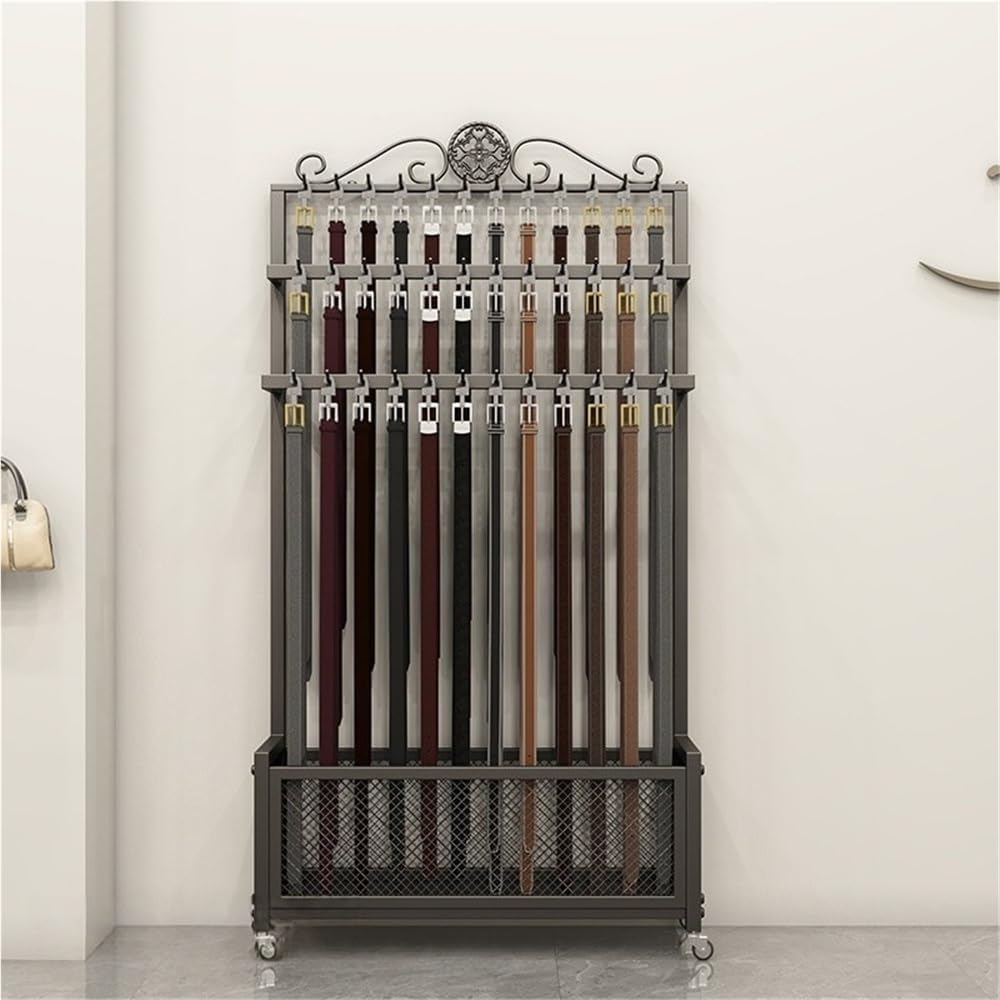Heavy-duty Metal Belt Rack, 3-layer Belt Organizer with Hooks and Storage Basket, Mobile Belt Display with Wheels, Commercial Retail Shelf for Shopping Mall(White,70cm/27.6in)