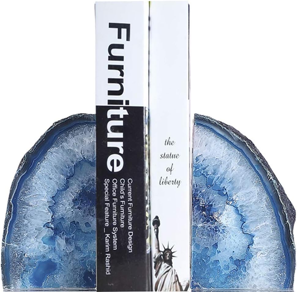 JIC Gem Dyed Blue Agate Bookends Geode Decorative Book Ends for Heavy Books with Rubber Bumpers for Office and Home Decoration Polished Small Size 2 to 3 Lbs