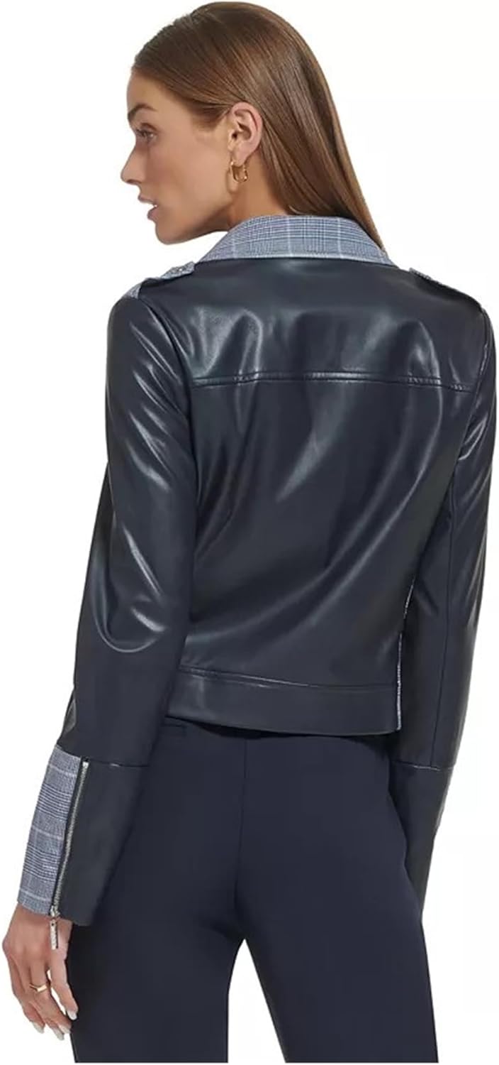 DKNY Women's Mixed-Media Plaid-Trim Moto Jacket (Deep Colbalt, 16) - Image 2