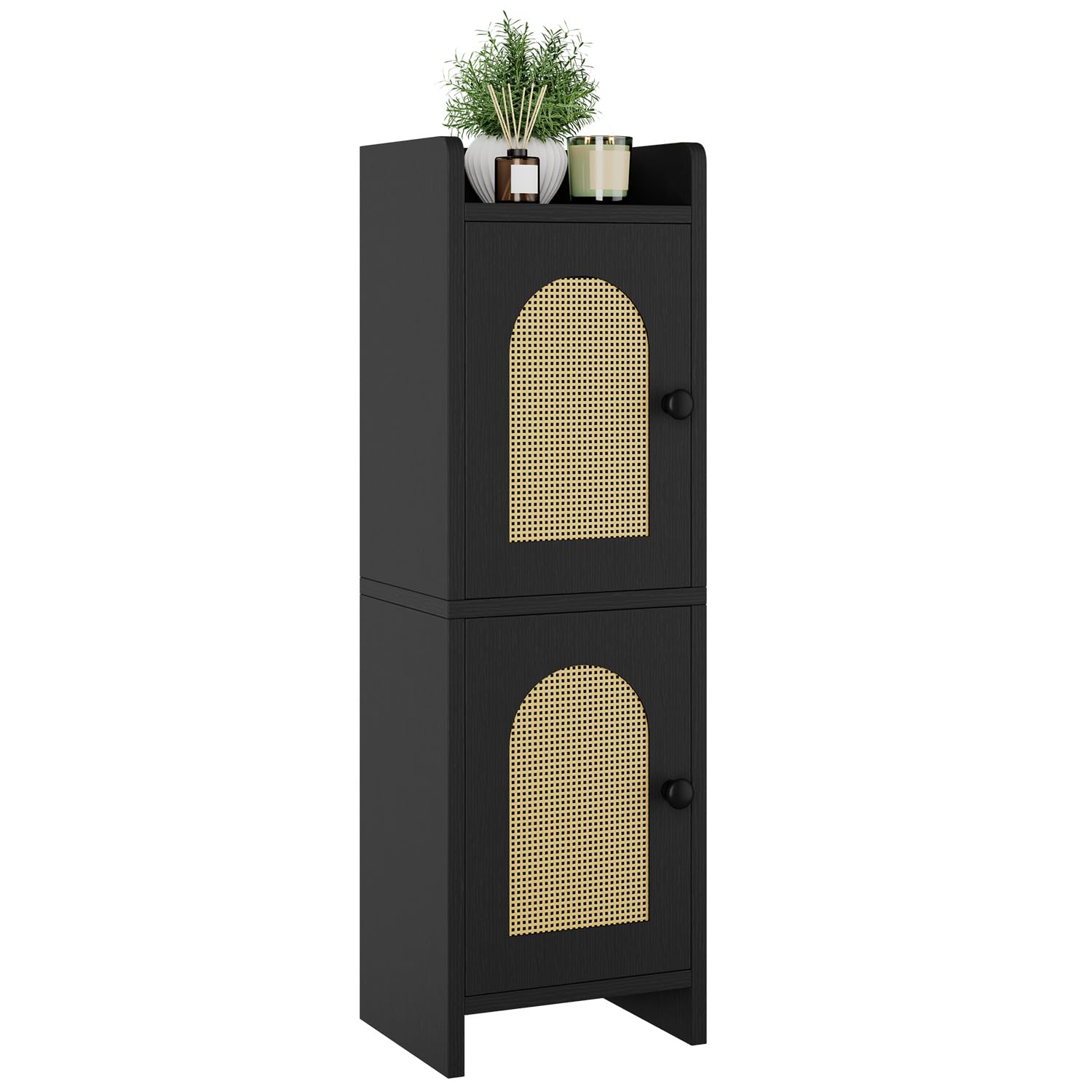 IBUYKE Kleiner Badezimmerschrank mit Rattantür, schmaler Toilettenpapierhalter, Standschrank mit verstellbaren Einlegeböden, platzsparender Organizer für Toilettenartikel WBS001B