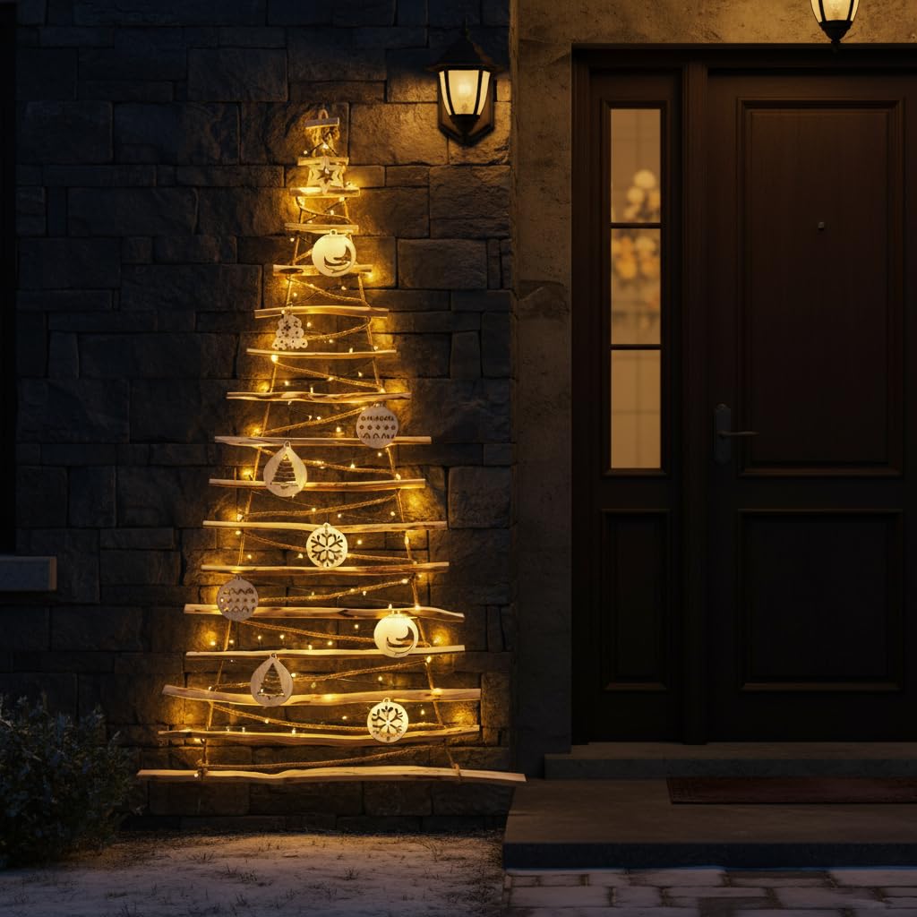 BOGATECO Albero di Natale fatto a mano, con decorazioni, 195 cm, con LED da 230 V, in legno di nocciola, ciondolo decorativo, pannelli di legno collegati a una corda di iuta con uno spessore di 6 mm
