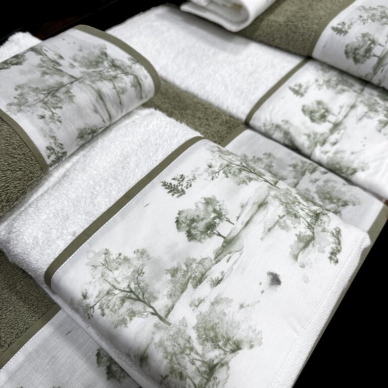 Dos Juegos DE Toallas Toile DE JOUY Bosque Blanco Y Verde