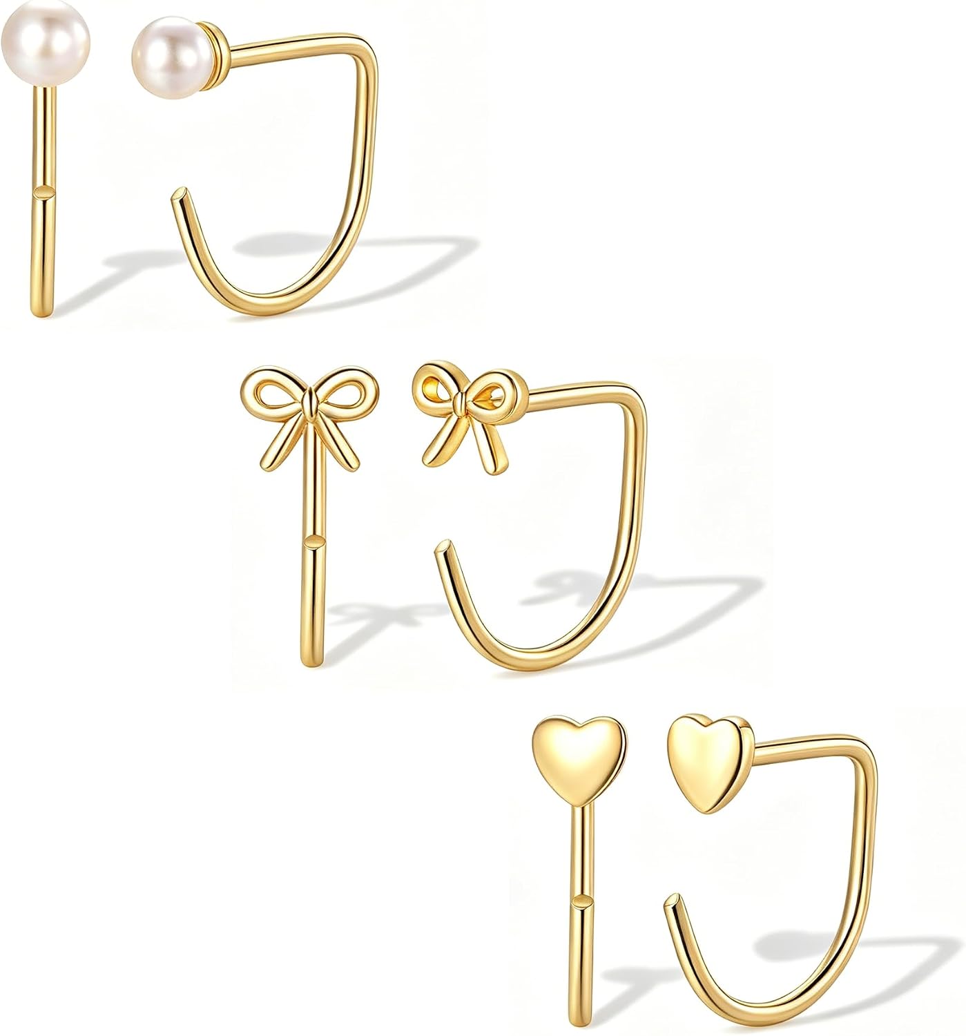 GINAZL Backless Half Hoop Earrings for Women，3 Pairs 14K Gold Plated Stay Close No Back Hook Small Open Huggie Earrings,Poke Free Comfortable Fit Sleep Hypoallergenic Everyday Jewelry Gift for Women