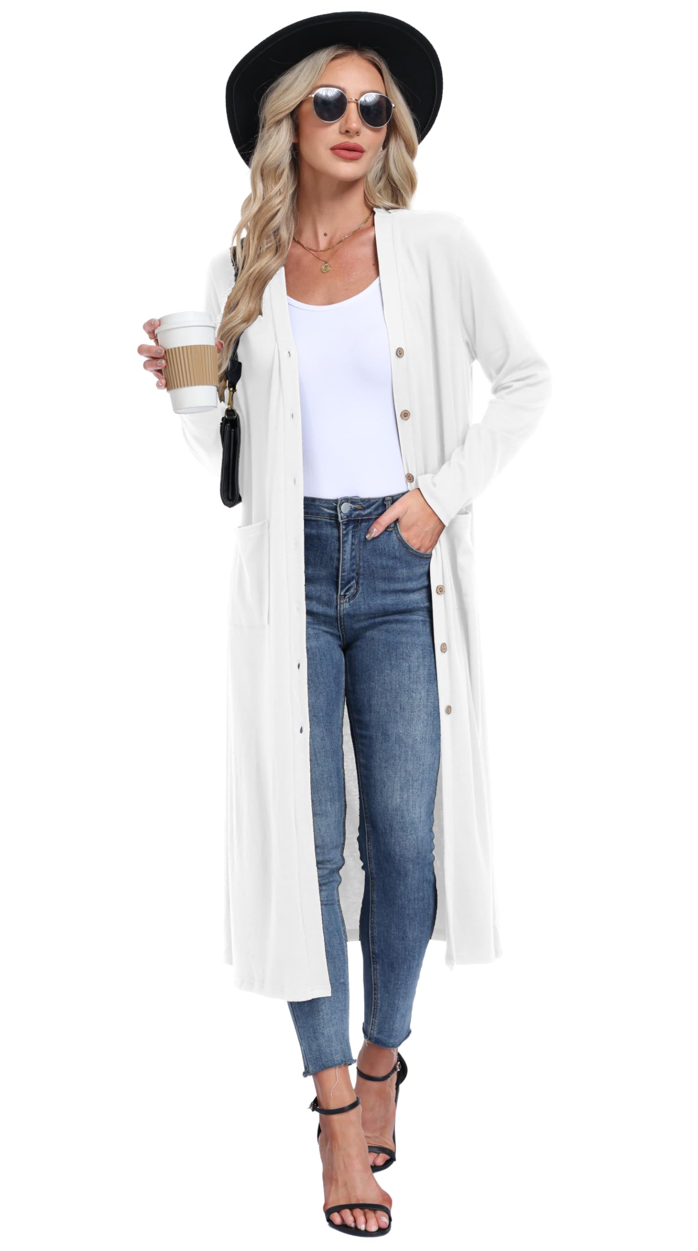 GRECERELLE Damen Sommer Lang Strickjacke Extra Langer Elegant Leichte Strickjacken Lässig Gestrickte Cardigan V-Ausschnitt Strickcardigan mit Retro Holzknöpfe, Taschen